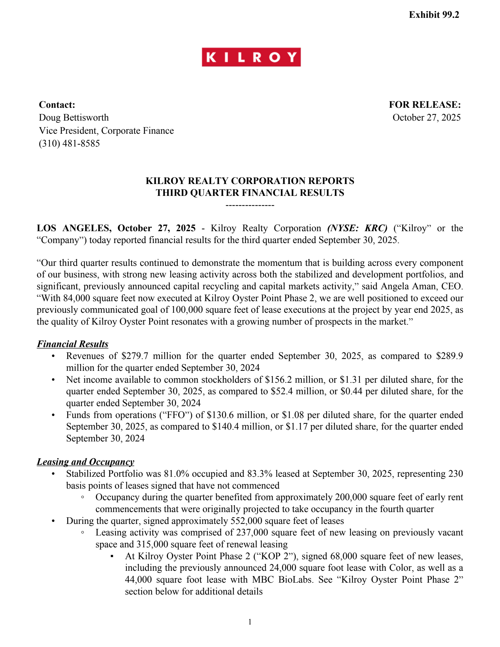 Kilroy Realty's Q3 2025 Earnings Release