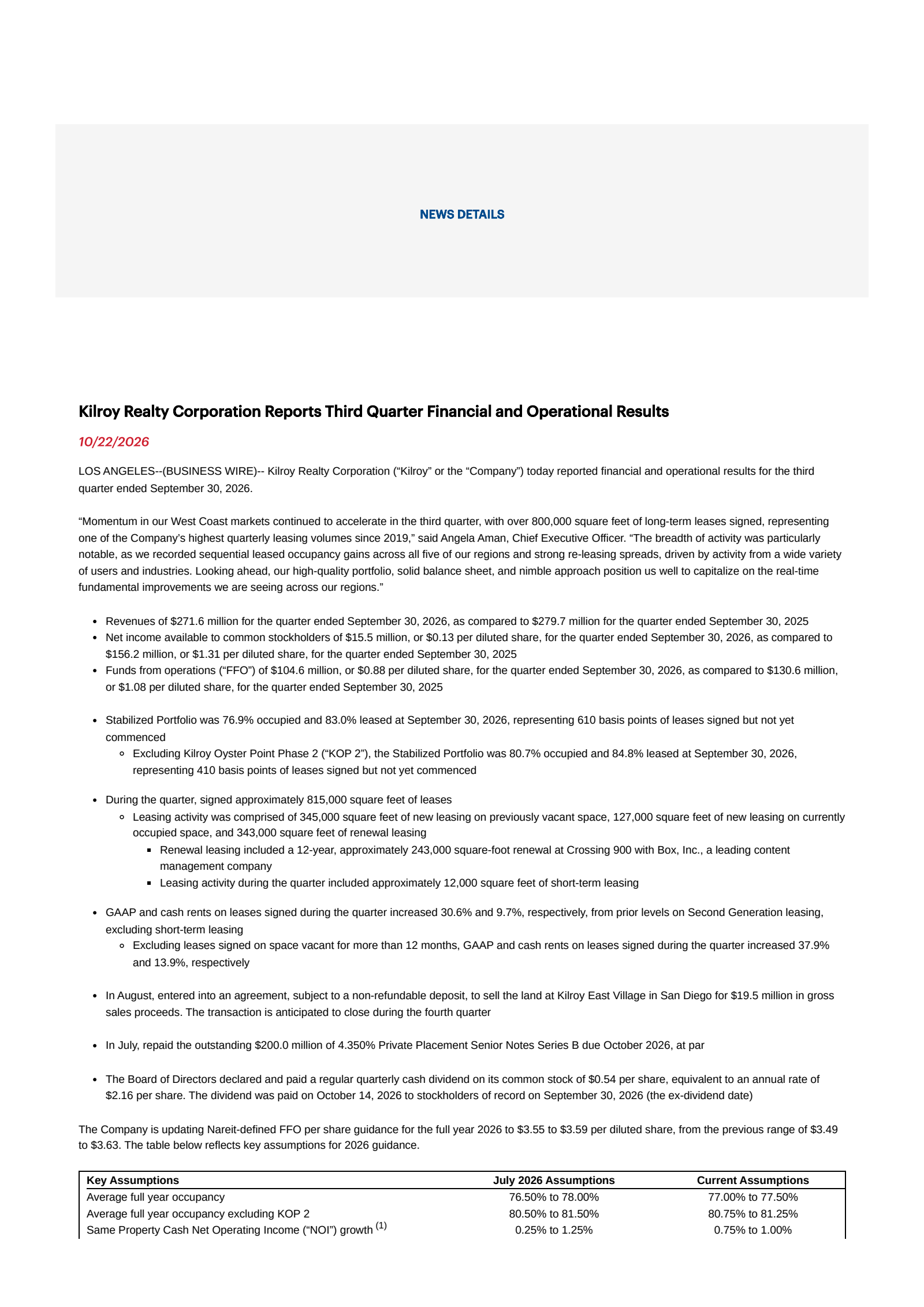 Kilroy Realty's Q3 2026 Press Release