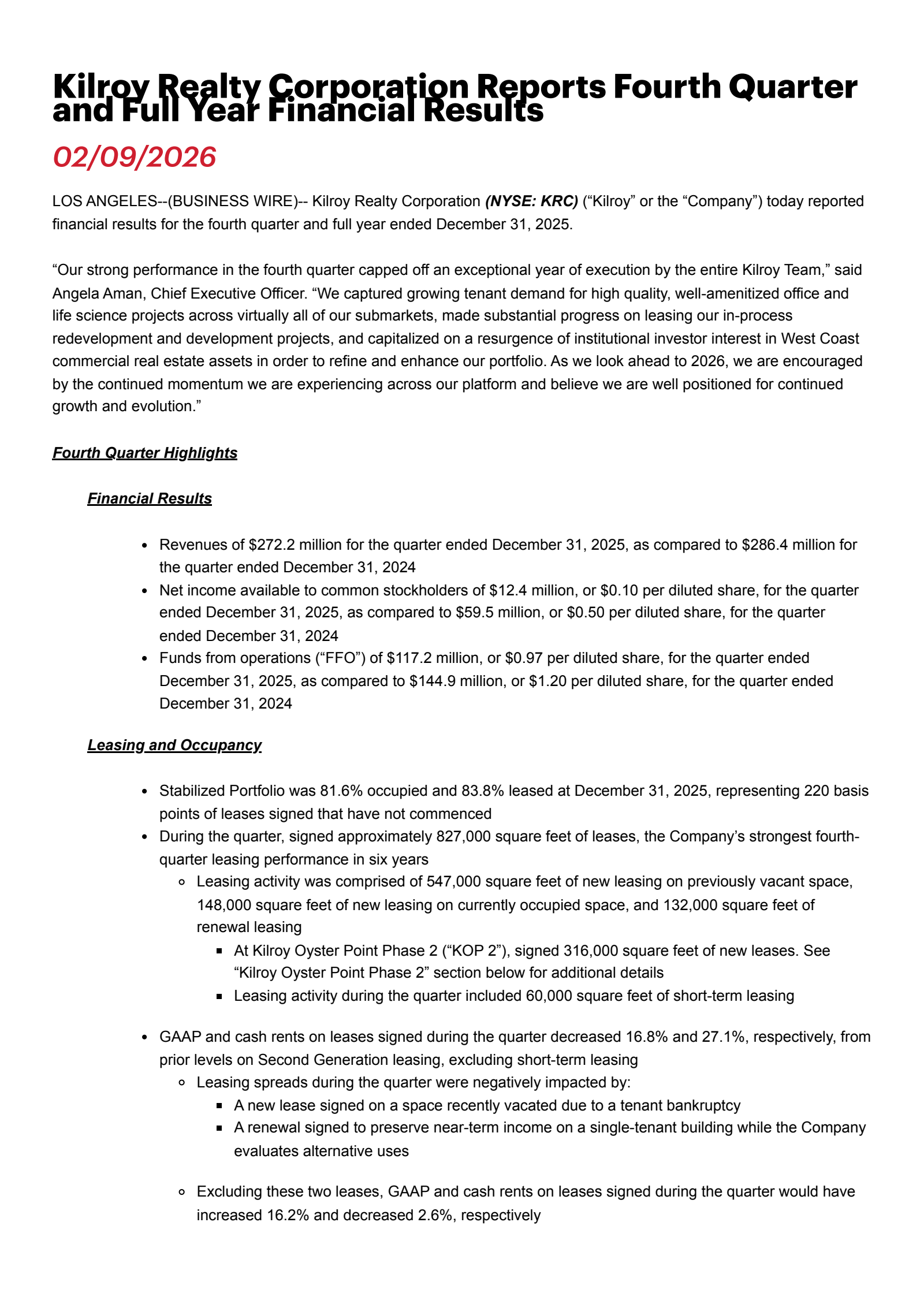 Kilroy Realty's Q4 2025 Press Release