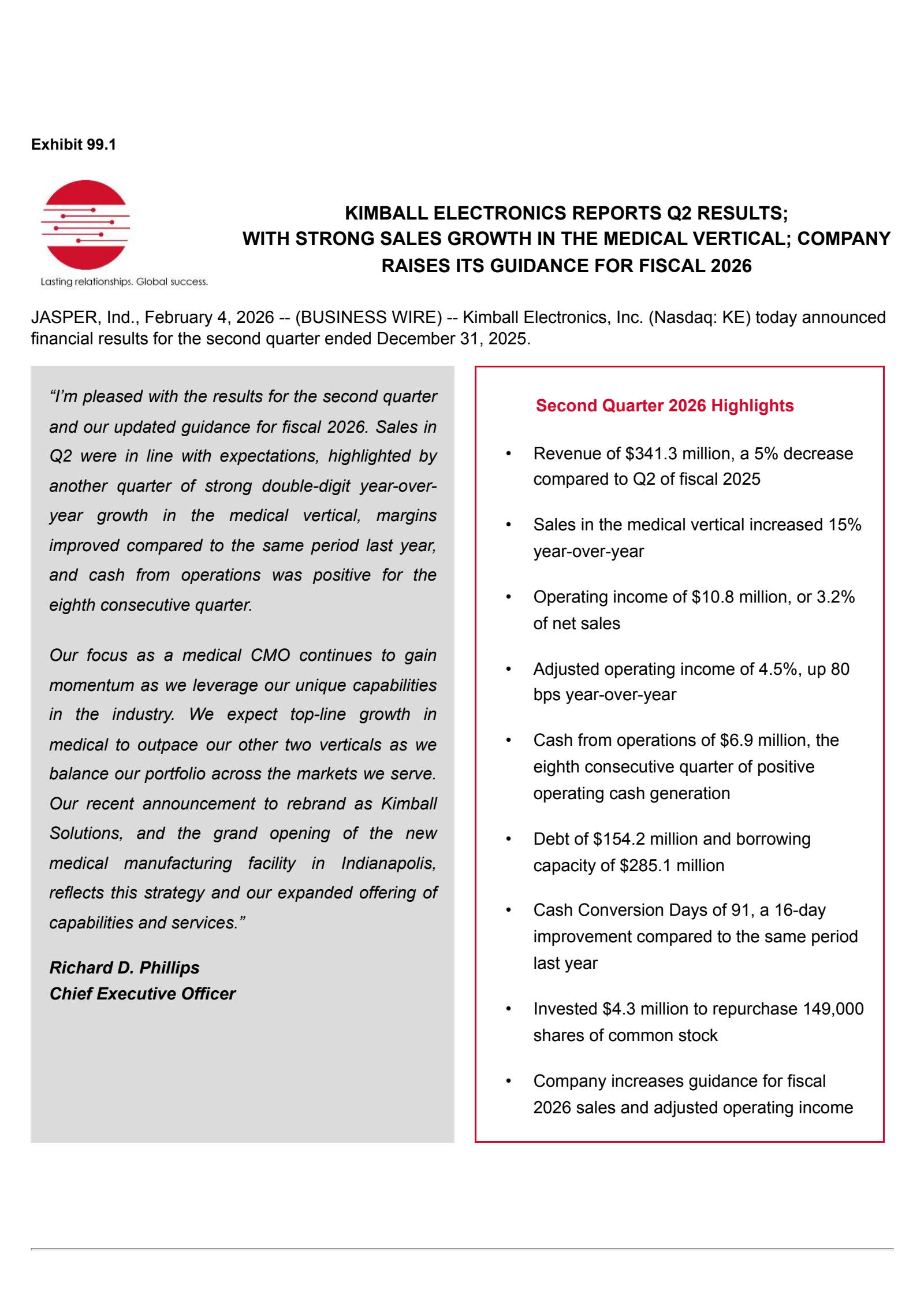 Kimball Electronics' Q2 2026 Press Release
