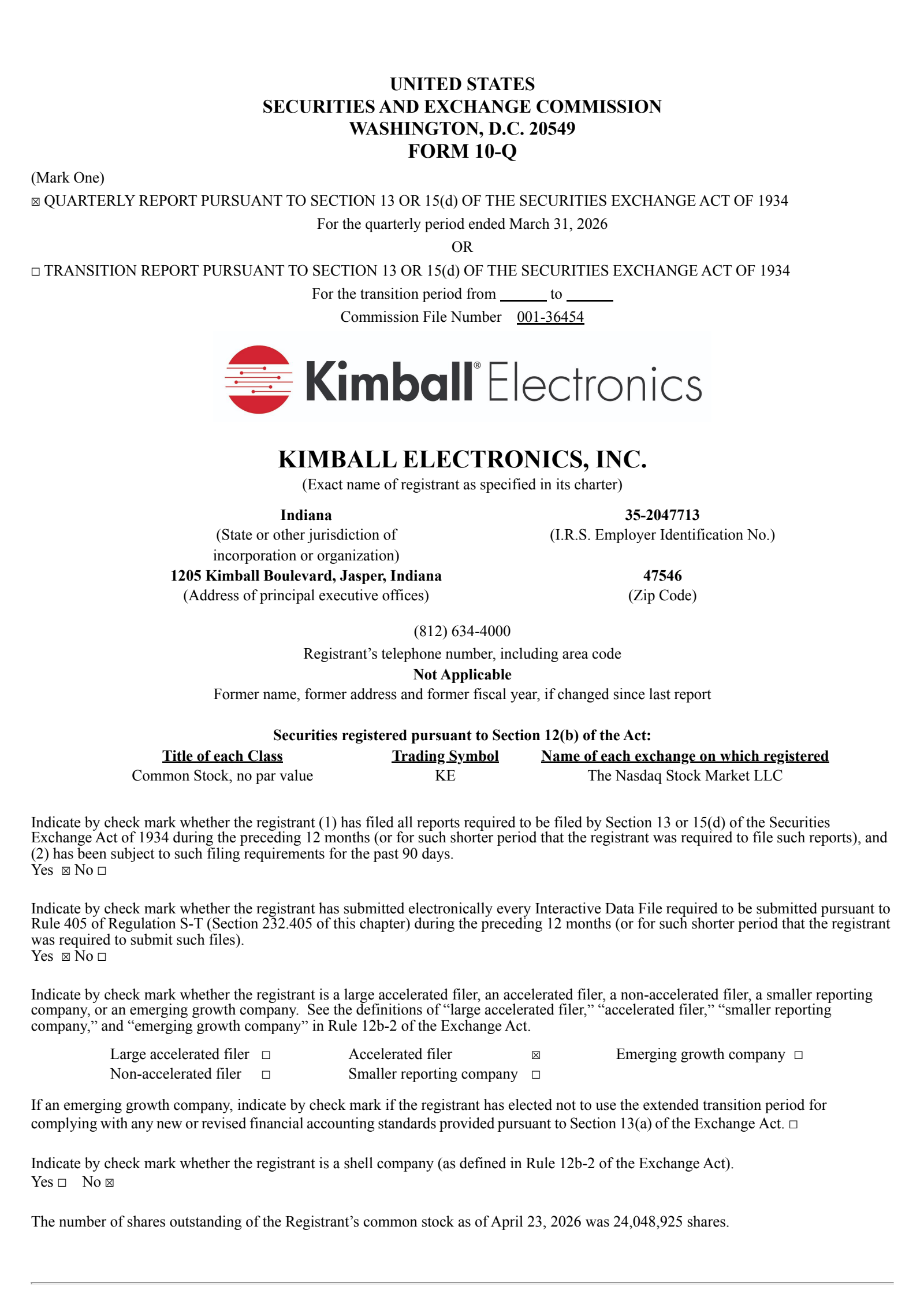 Kimball Electronics' Q3 2026 Quarterly report