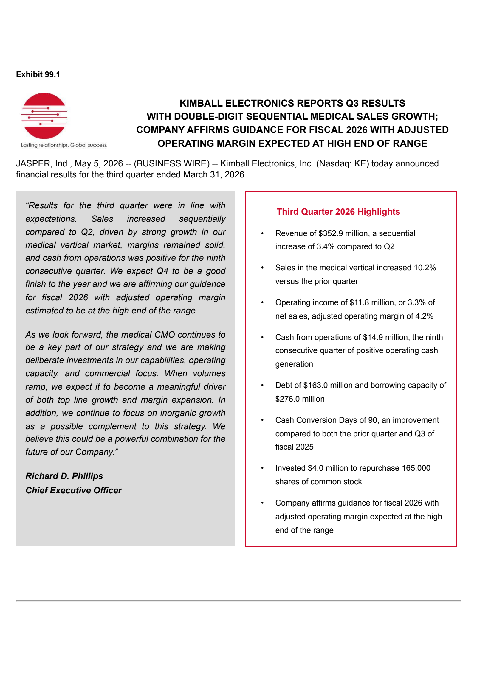 Kimball Electronics' Q3 2026 Press Release