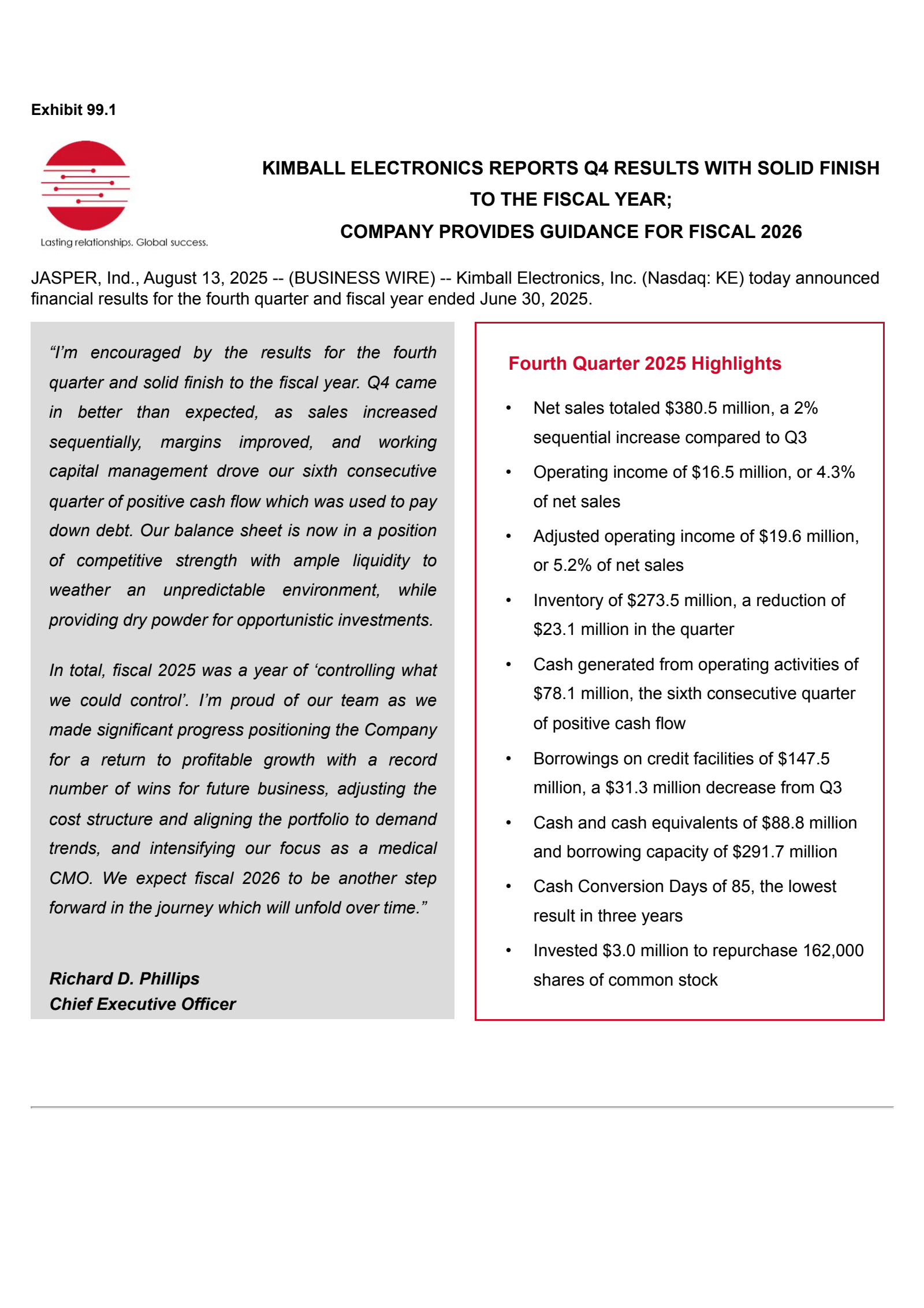 Kimball Electronics' Q4 2025 Press Release