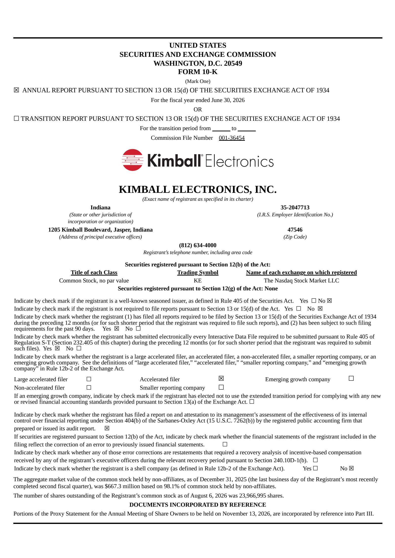 Kimball Electronics' Q4 2026 Annual report