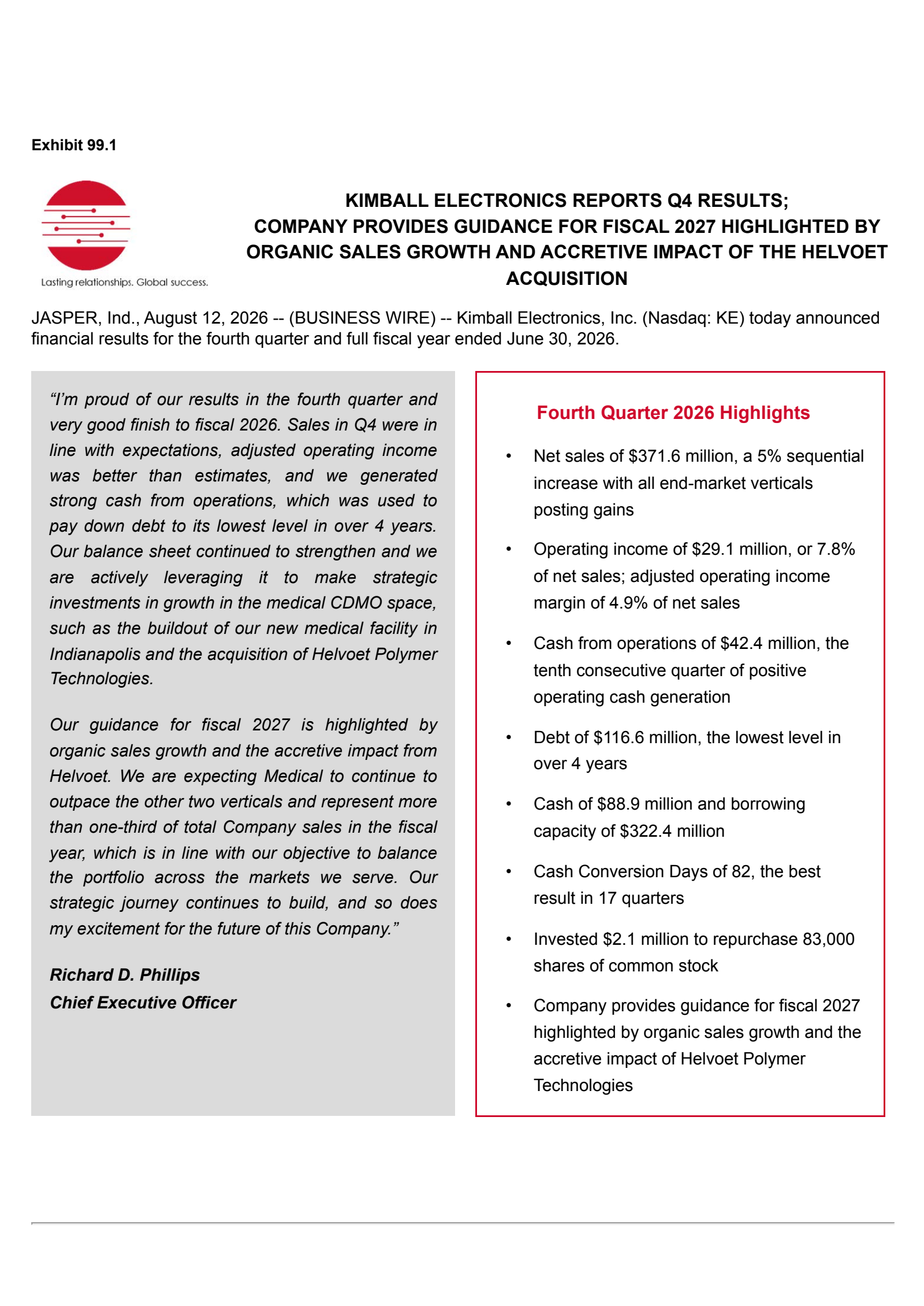Kimball Electronics' Q4 2026 Press Release