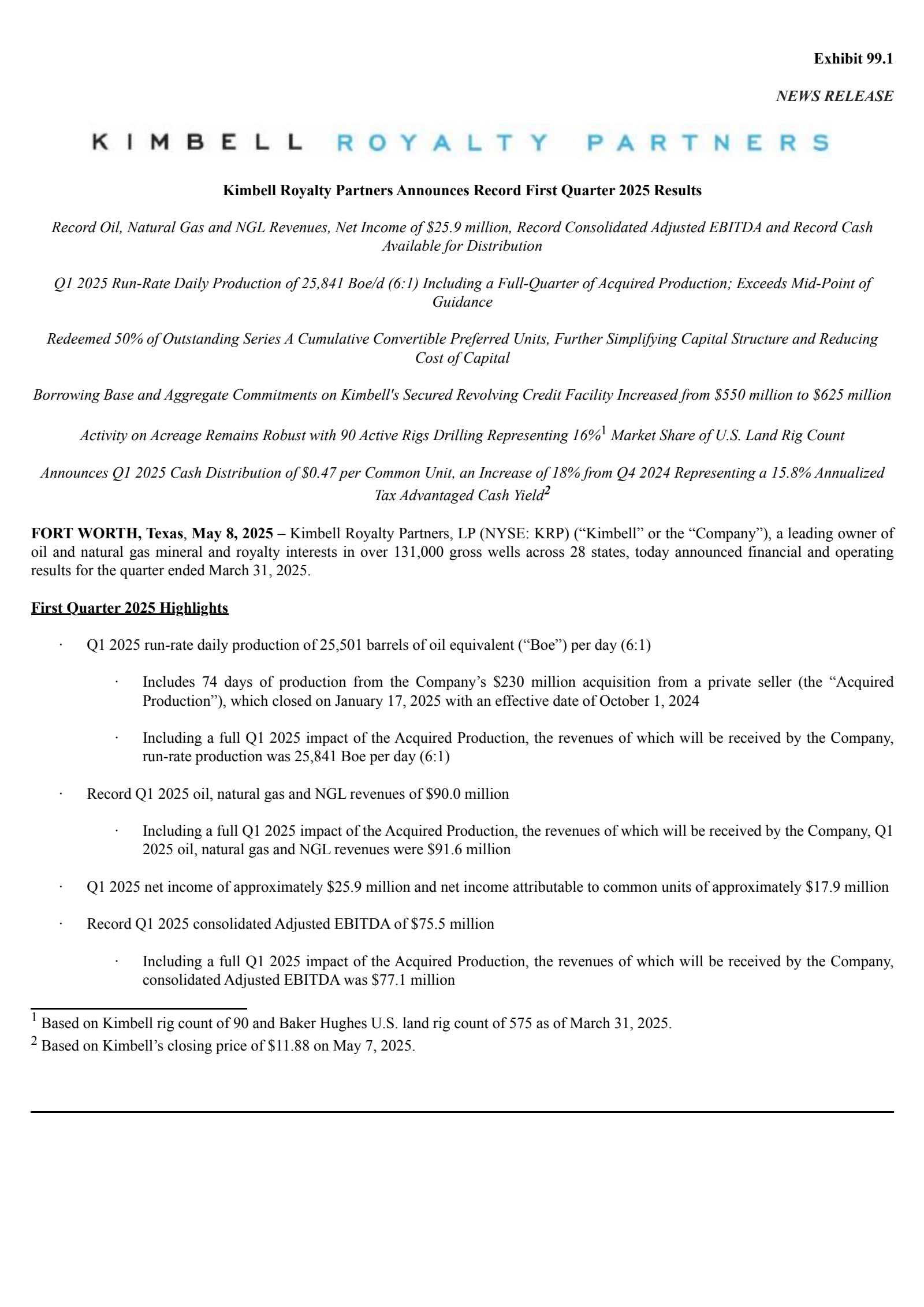 Kimbell Royalty Partners' Q1 2025 Press Release