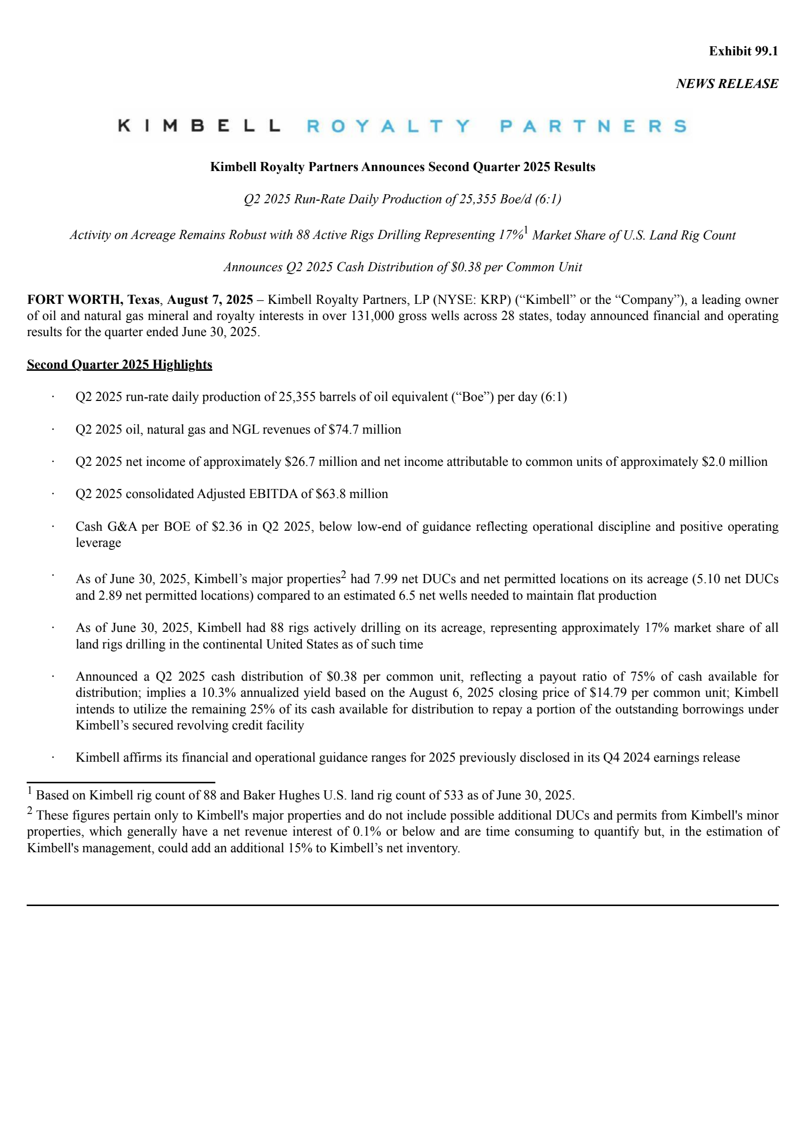 Kimbell Royalty's Q2 2025 Press Release