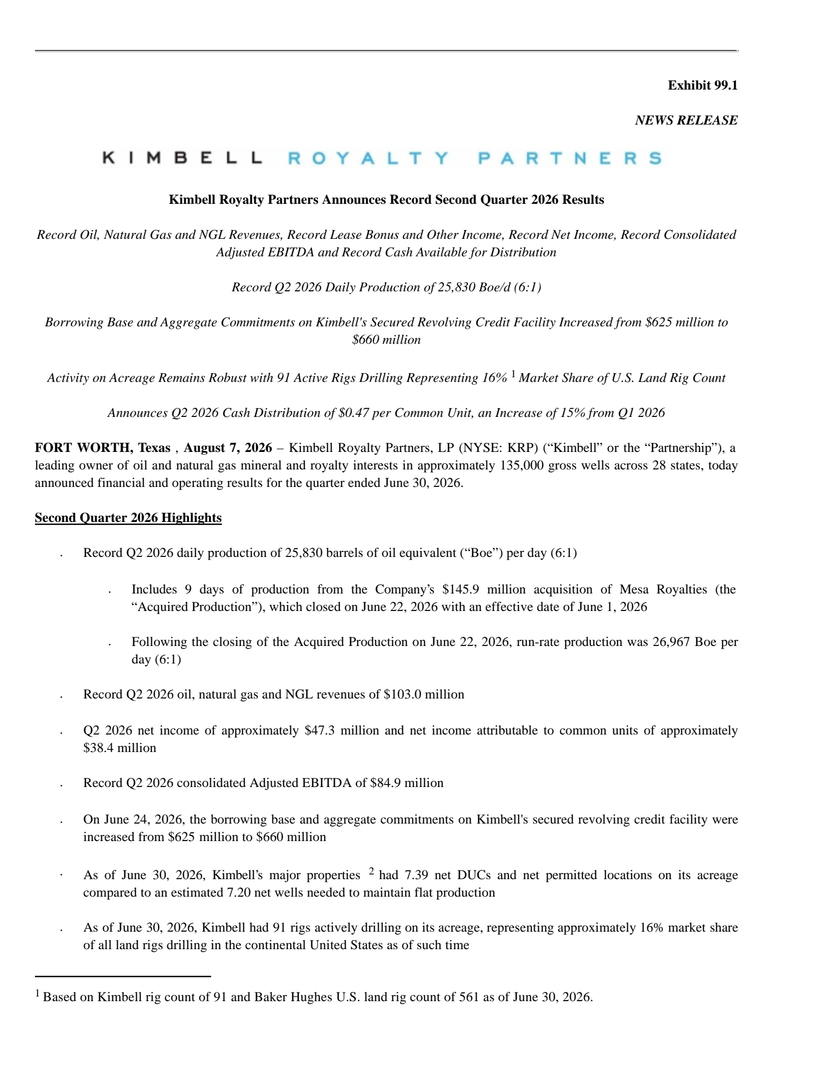 Kimbell Royalty's Q2 2026 Press Release
