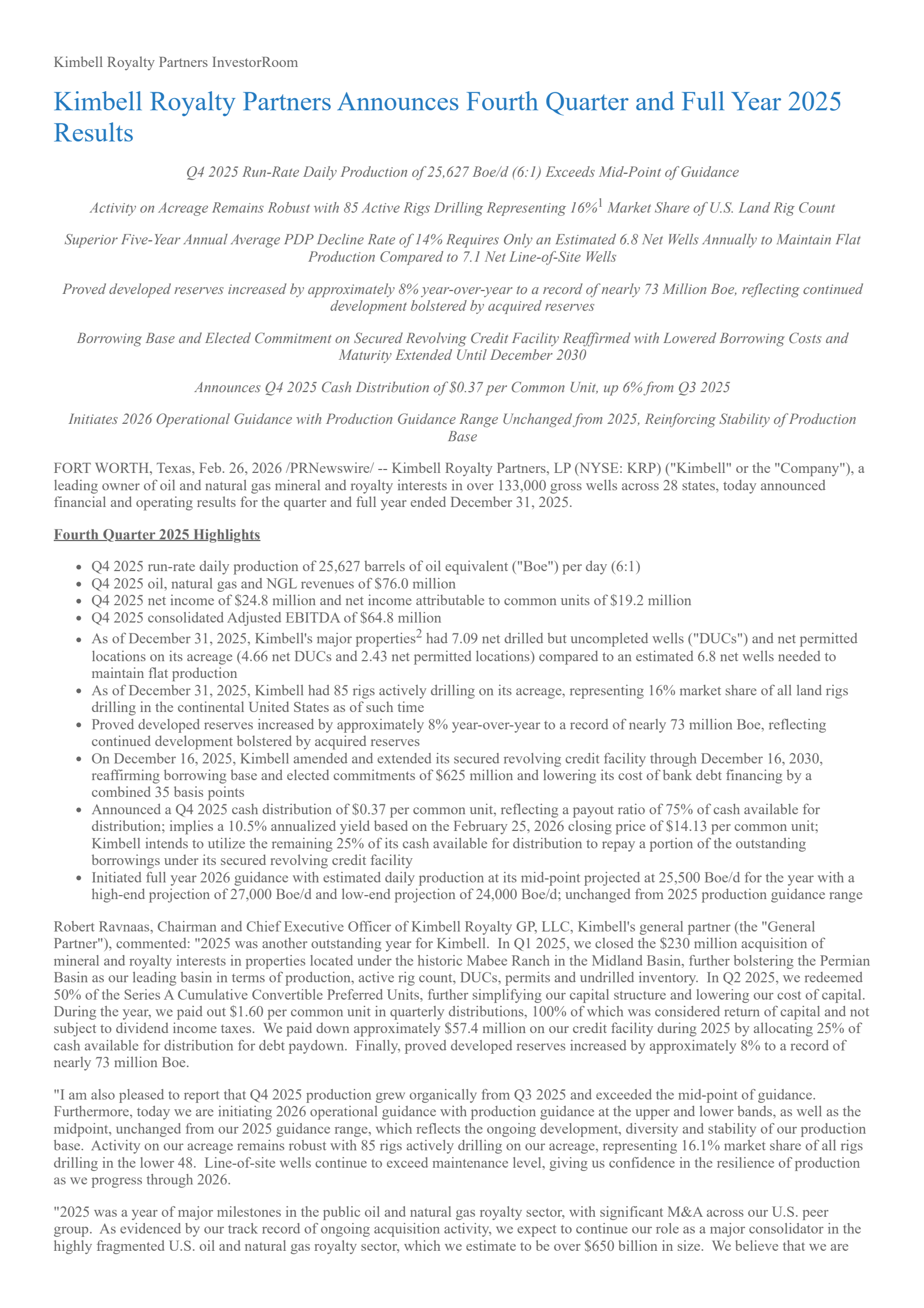 Kimbell Royalty's Q4 2025 Press Release
