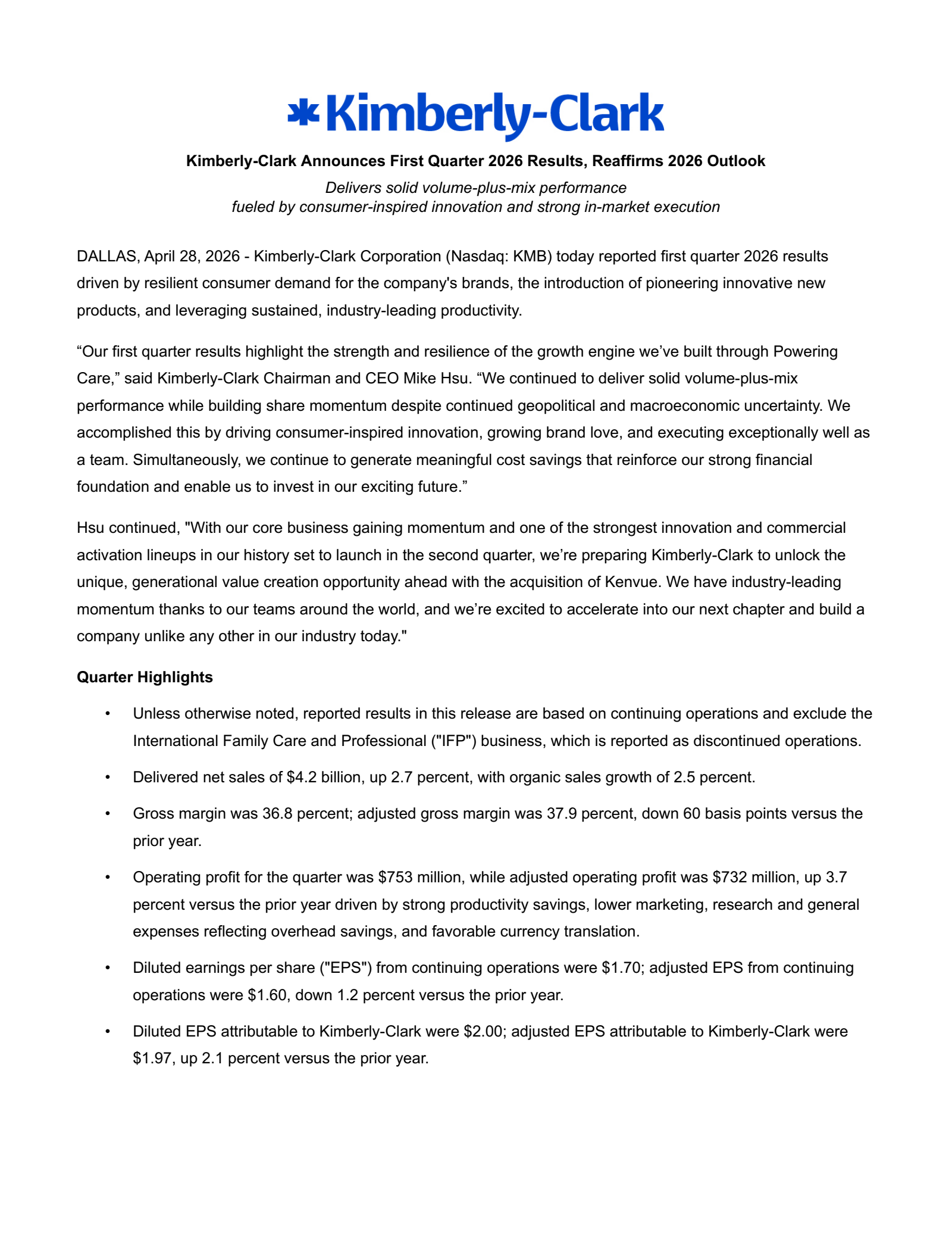 Kimberly-Clark's Q1 2026 Prepared Remarks Press Release