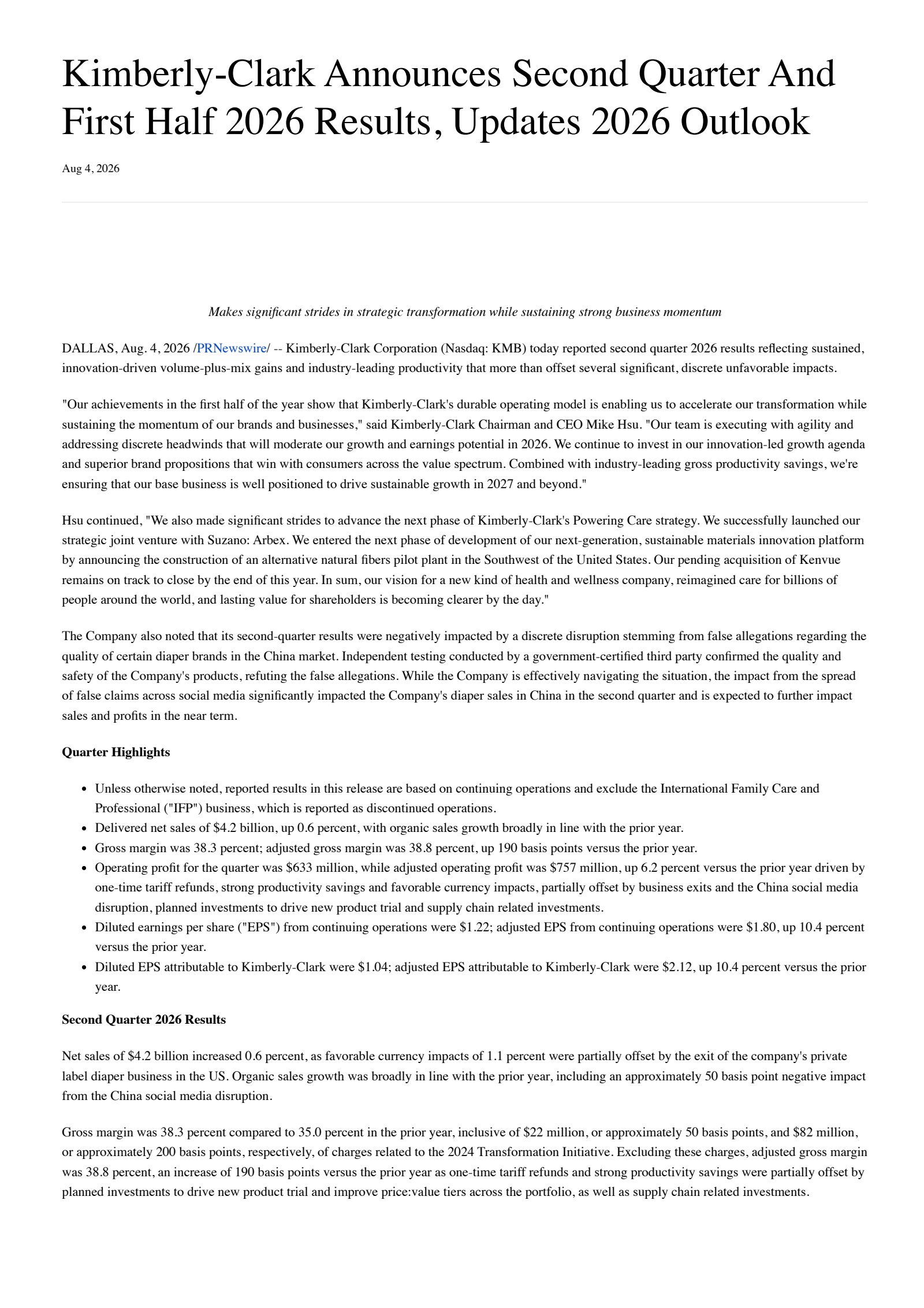 Kimberly-Clark's Q2 2026 Prepared Remarks Press Release