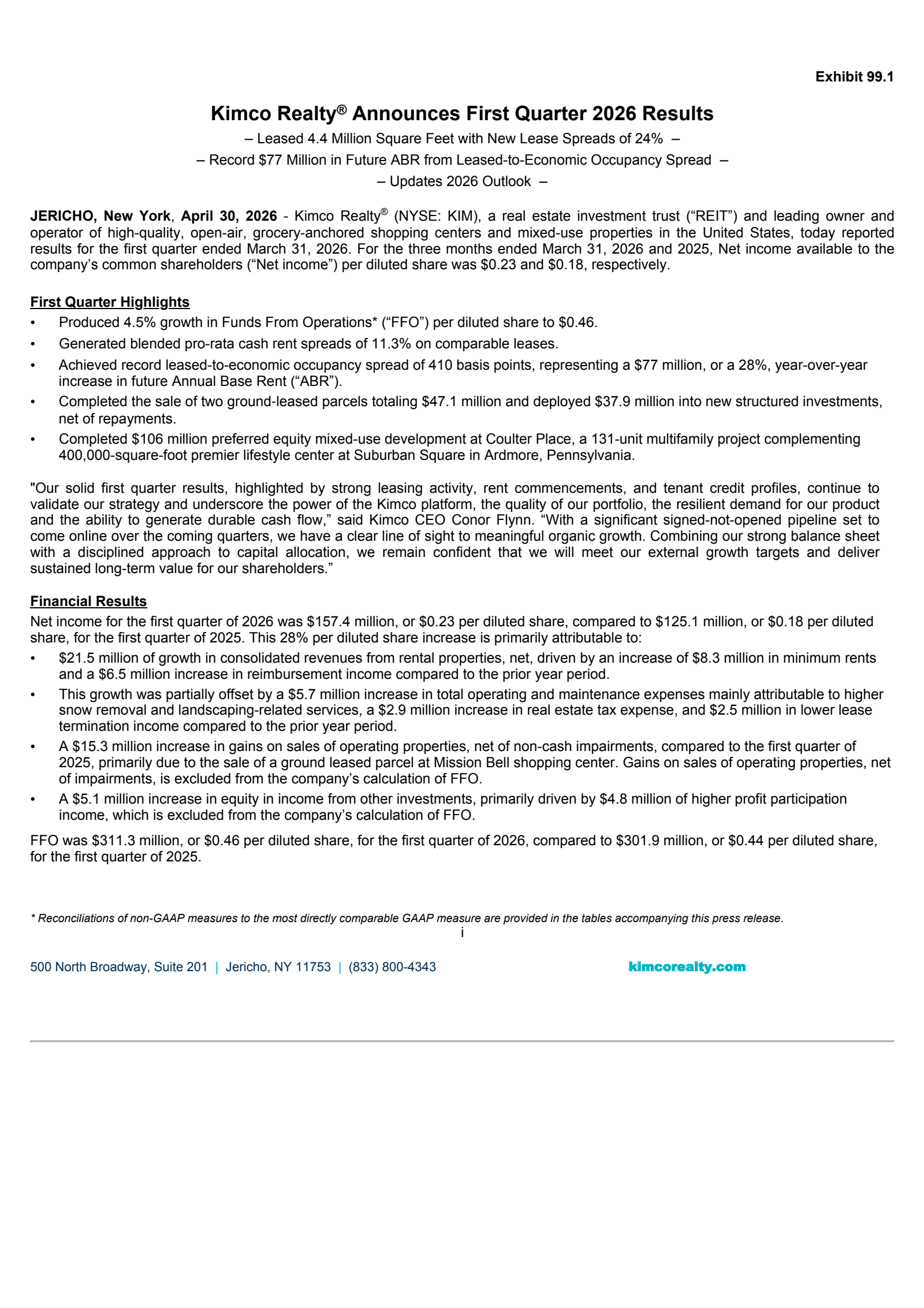 Kimco Realty's Q1 2026 Press Release