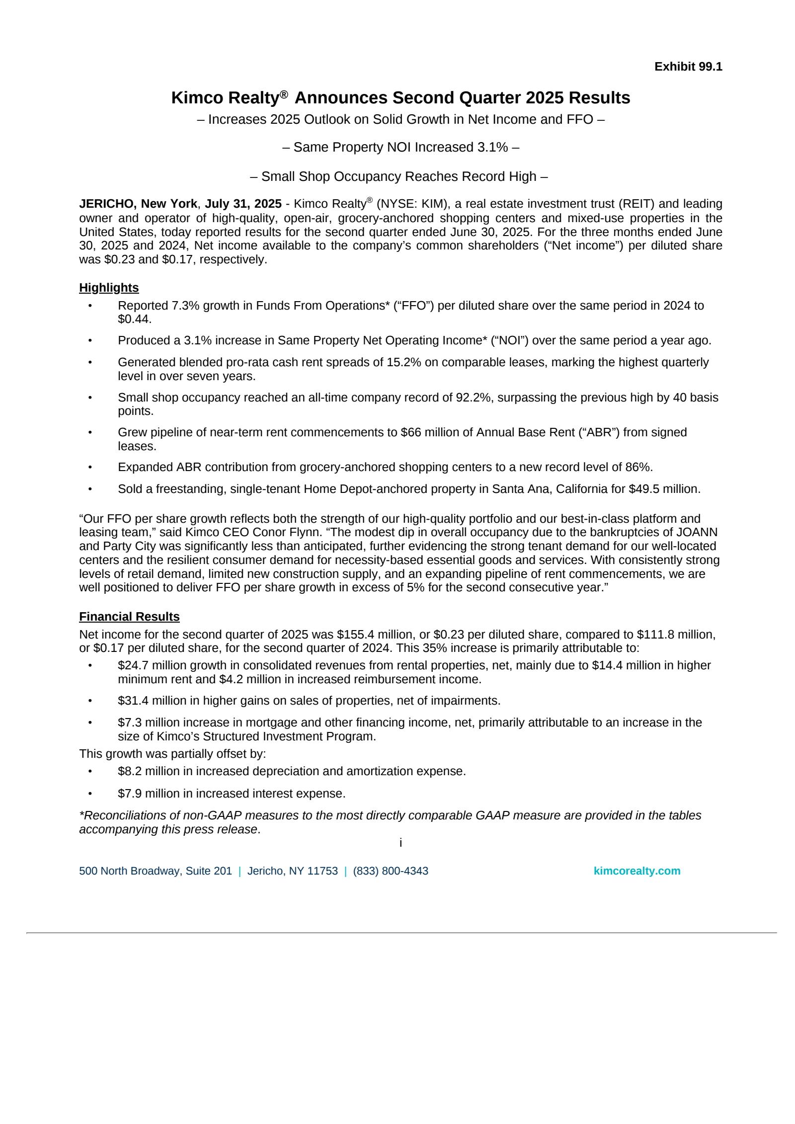 Kimco Realty's Q2 2025 Press Release