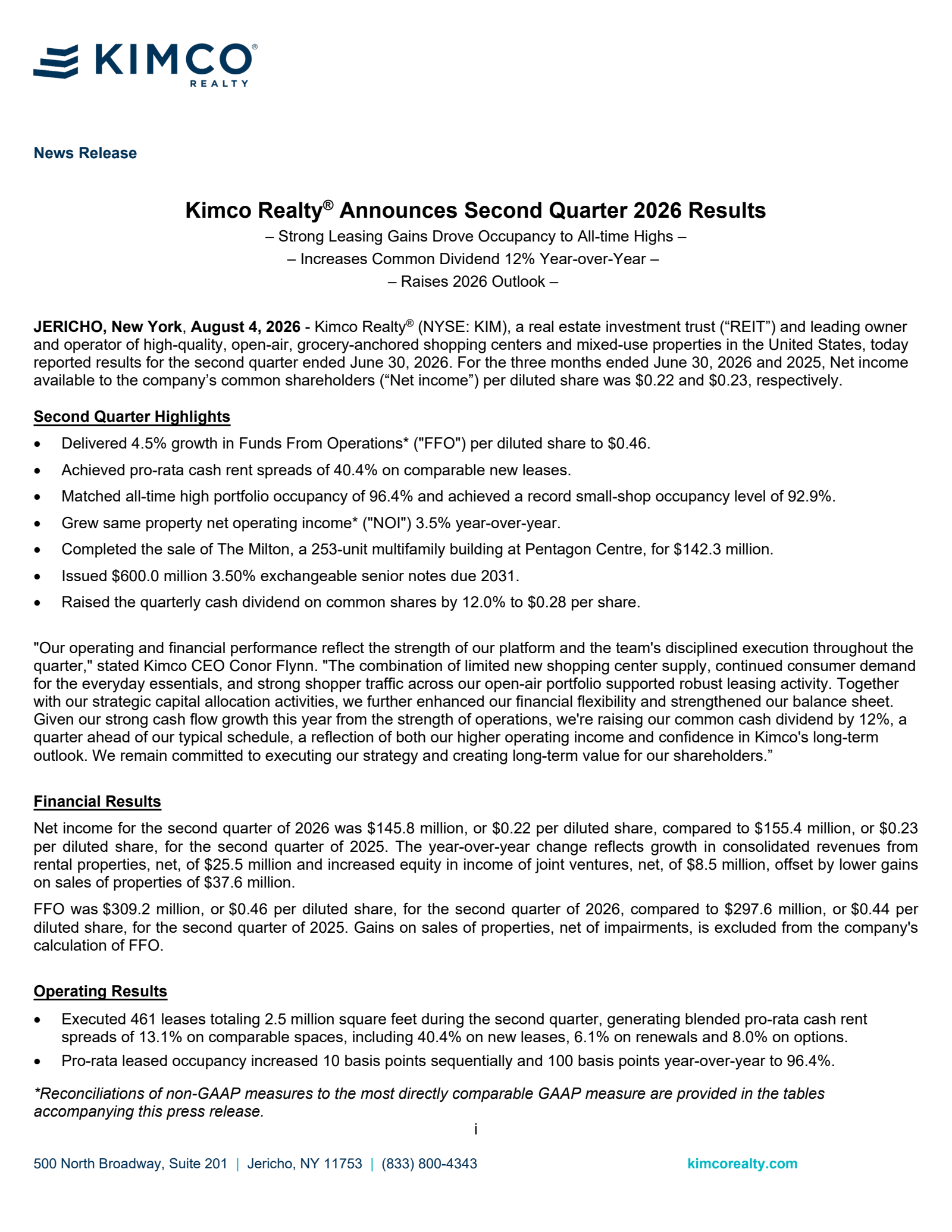 Kimco Realty's Q2 2026 Press Release