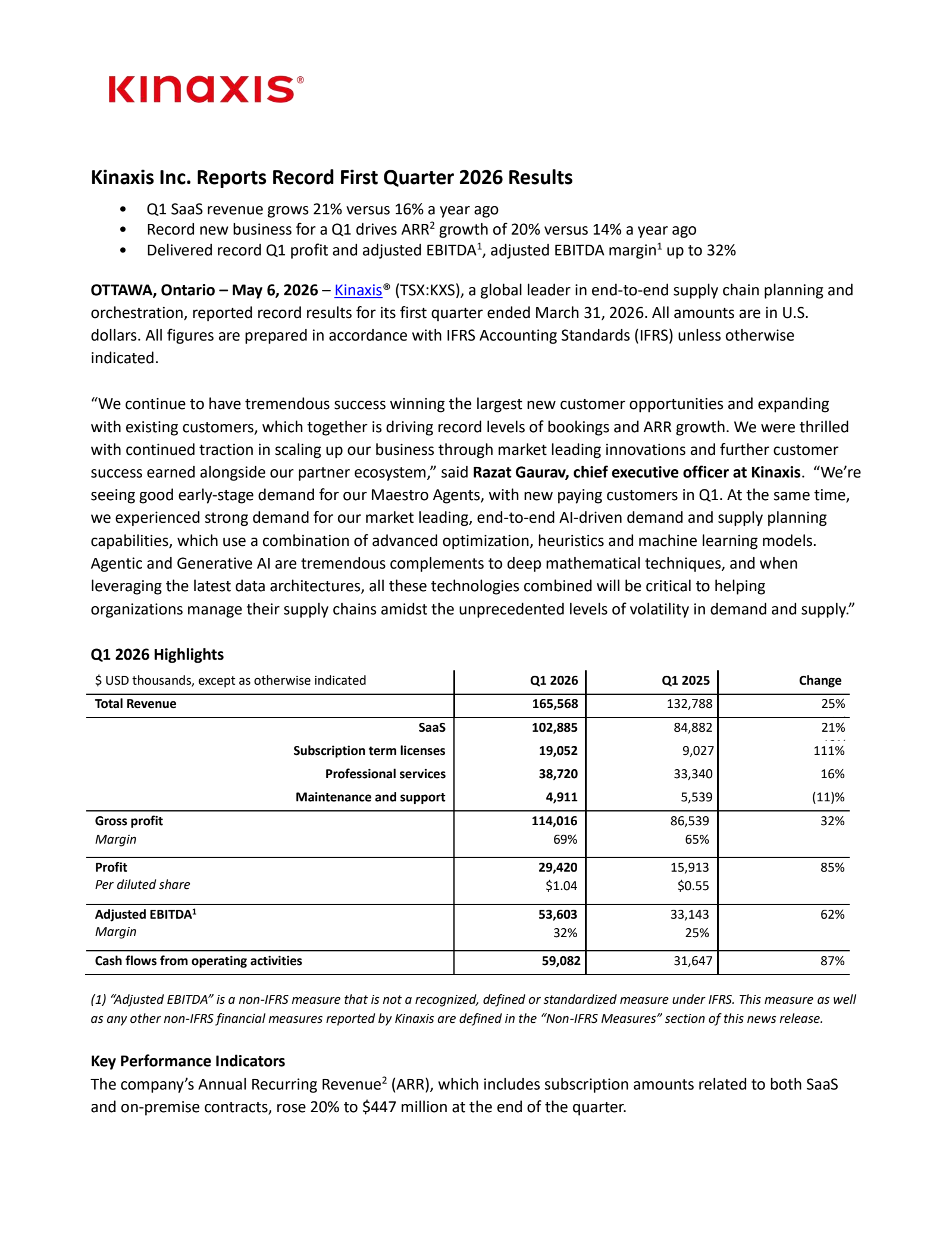 Kinaxis' Q1 2026 Press Release