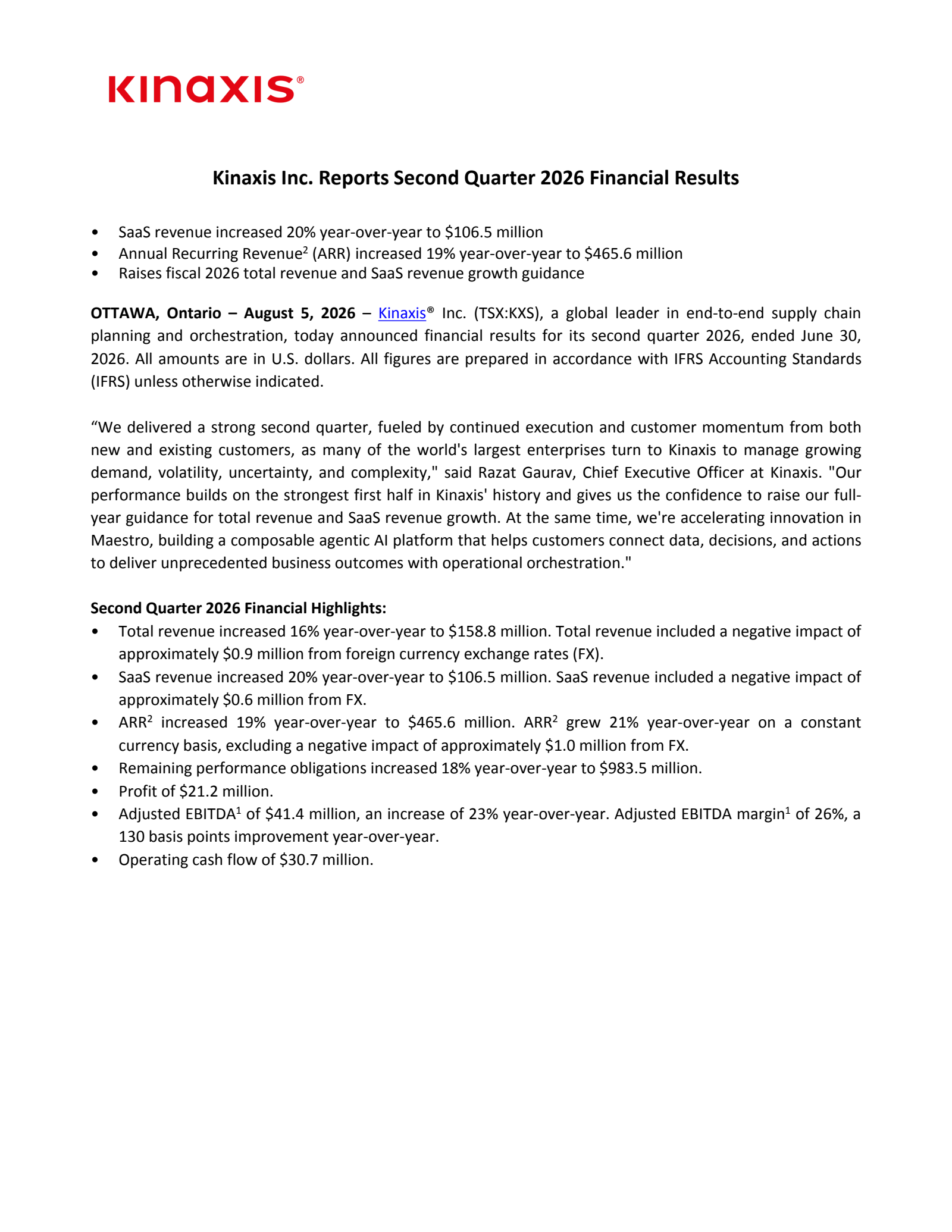 Kinaxis' Q2 2026 Press Release