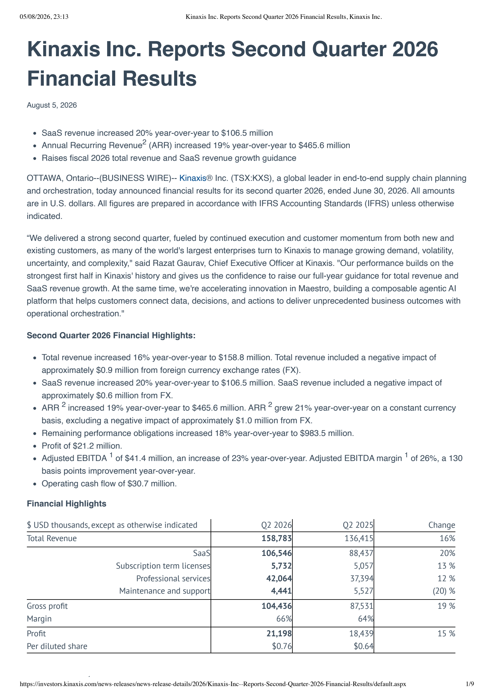 Kinaxis' Q2 2026 Press Release