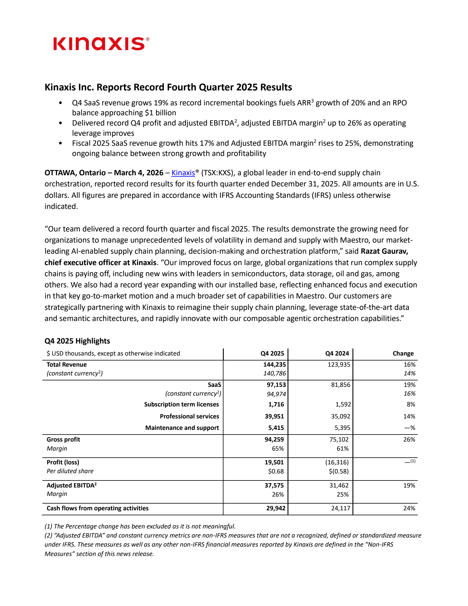Kinaxis' Q4 2025 Press Release