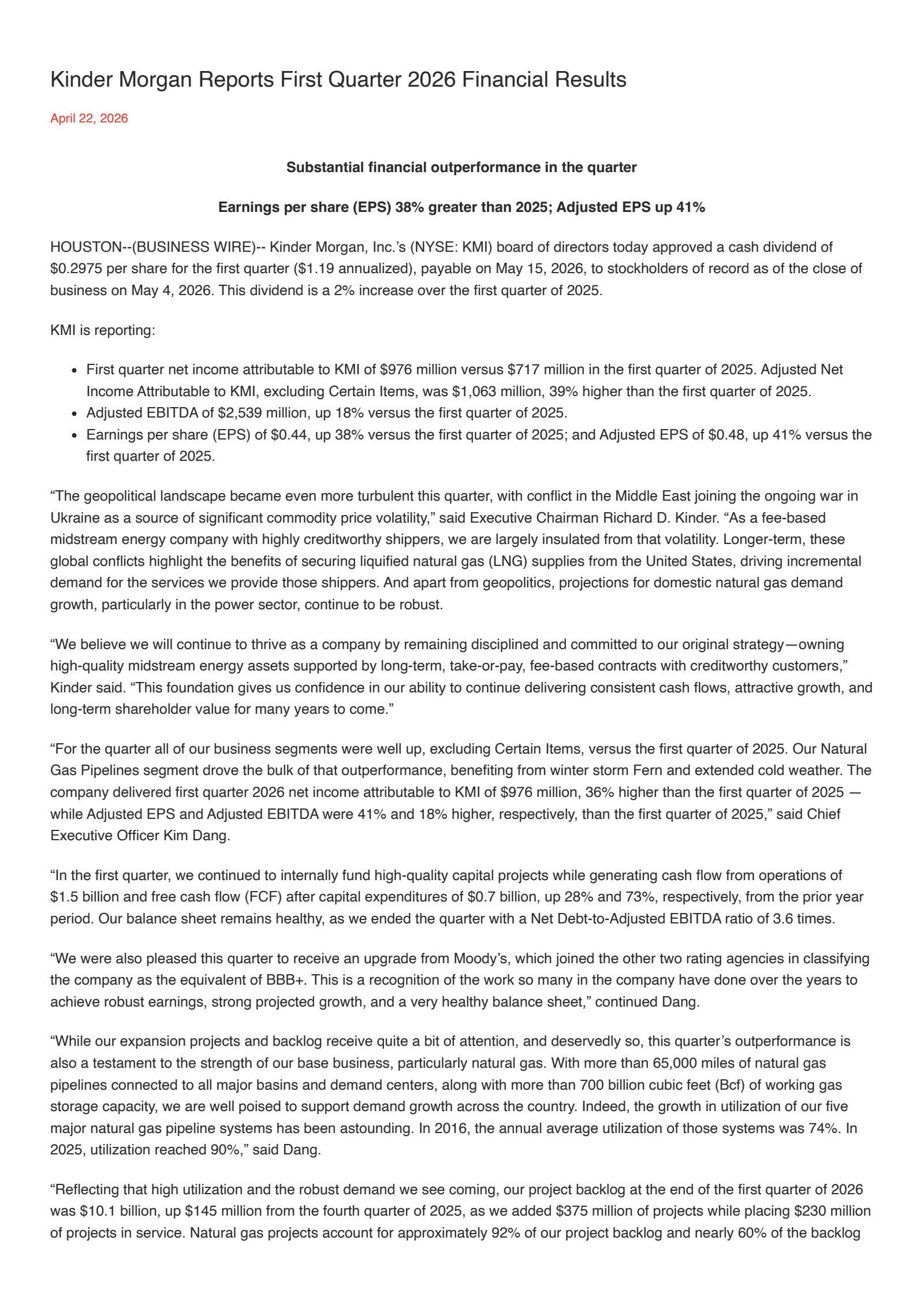 Kinder Morgan's Q1 2026 Press Release
