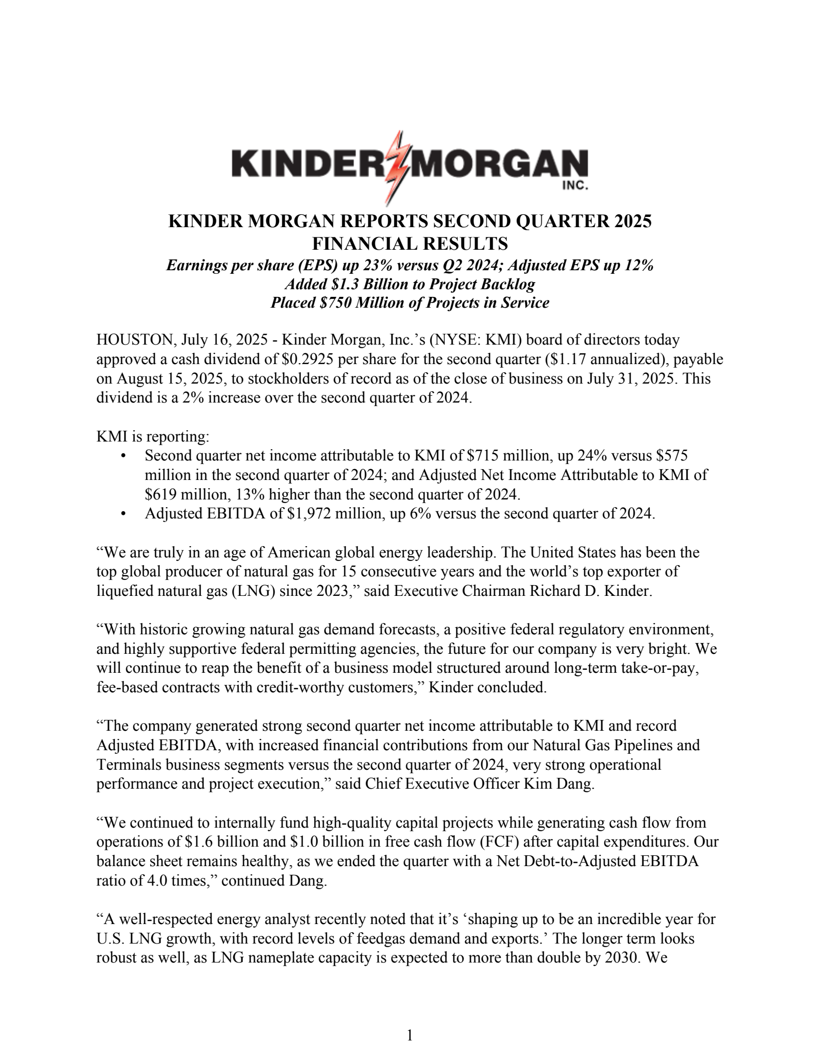 Kinder Morgan's Q2 2025 Press Release