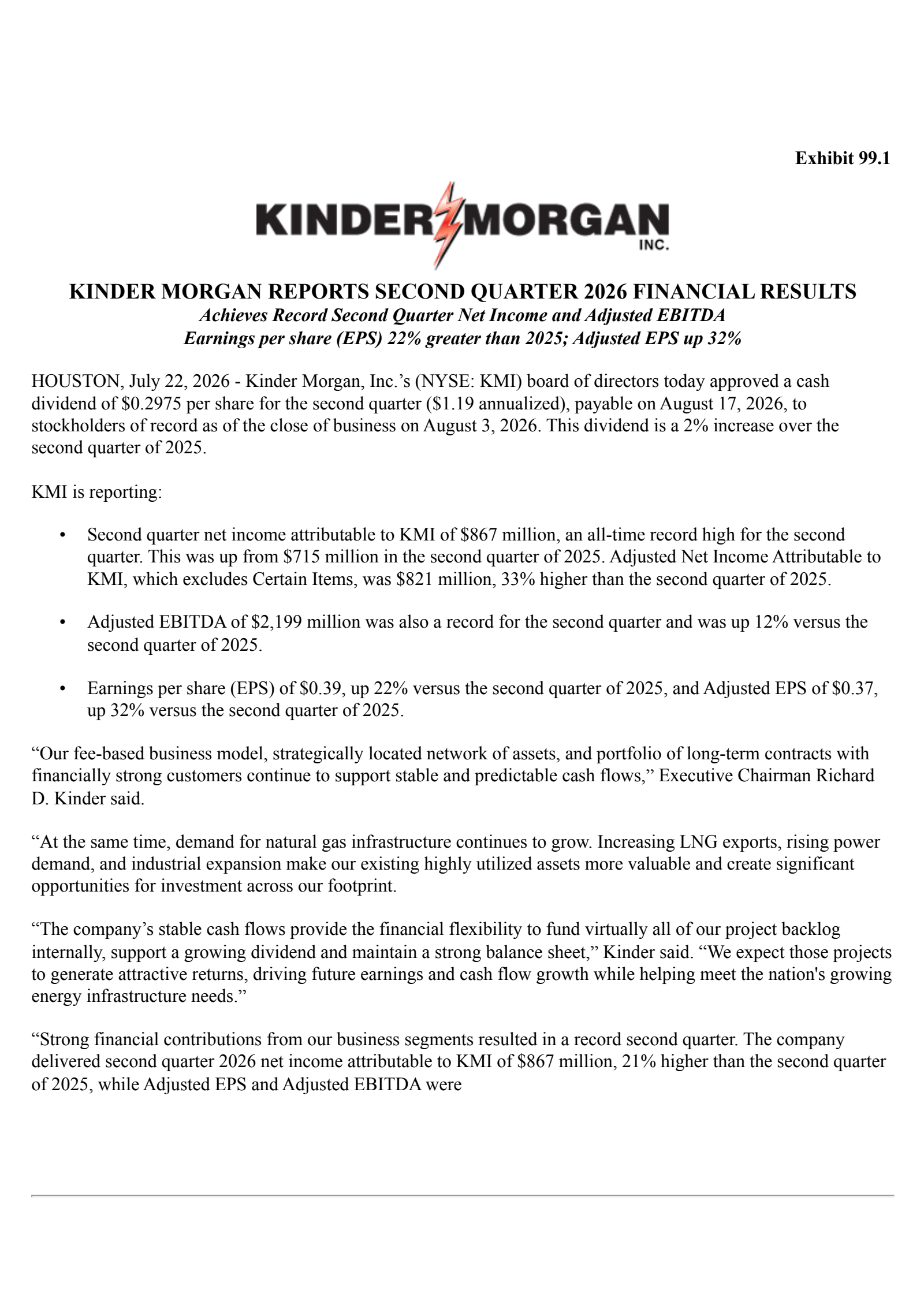 Kinder Morgan's Q2 2026 Press Release