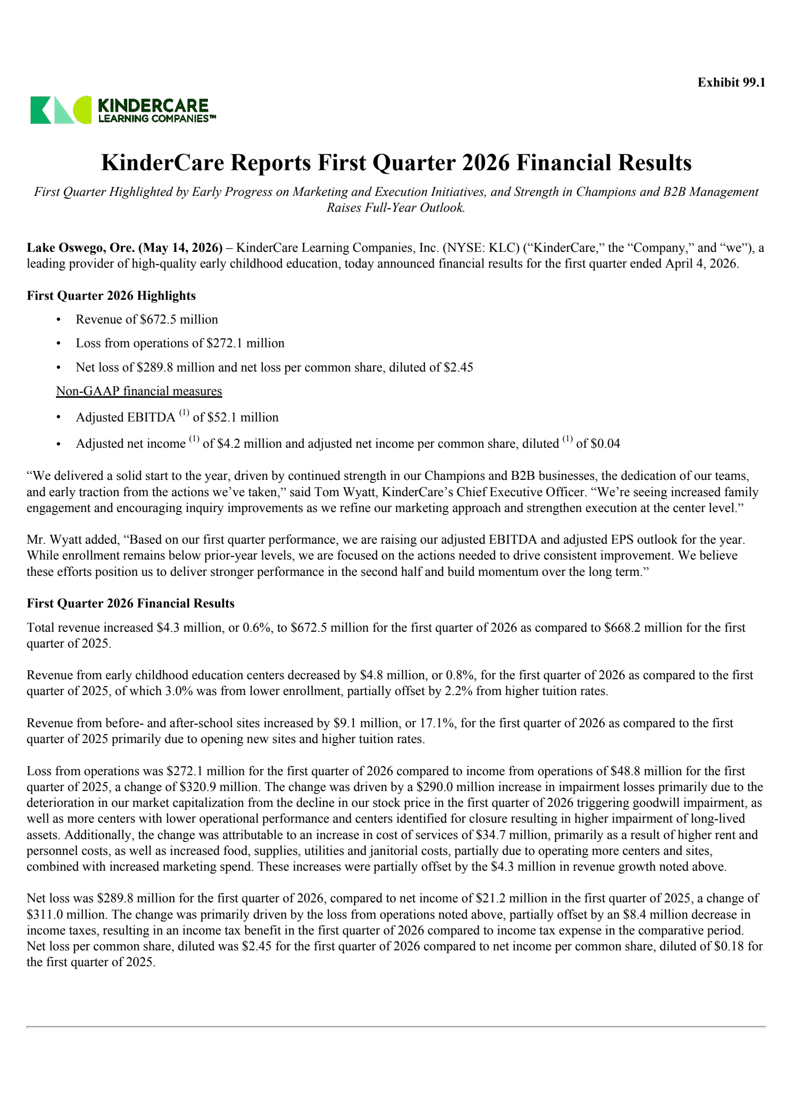 KinderCare Learning Companies' Q1 2026 Press Release