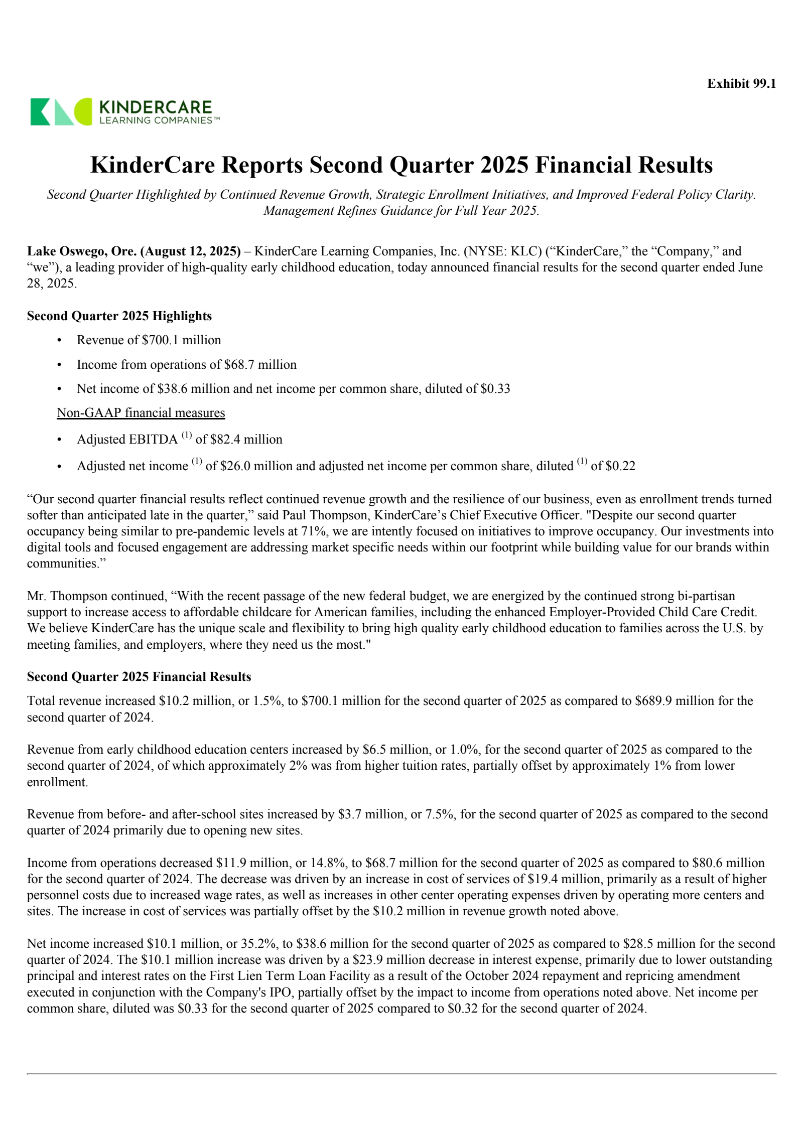 KinderCare Learning Companies' Q2 2025 Press Release