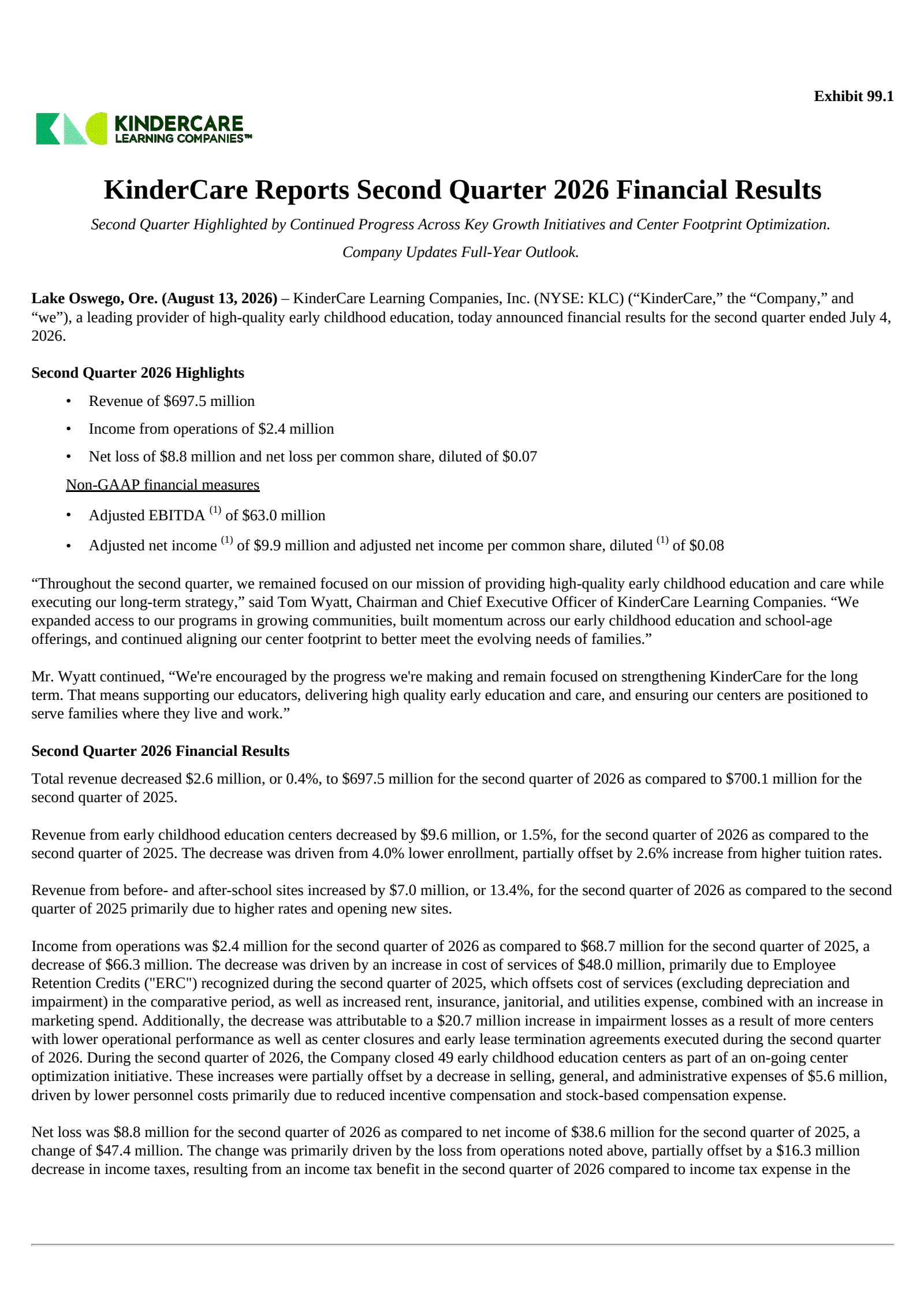 KinderCare Learning Companies' Q2 2026 Press Release