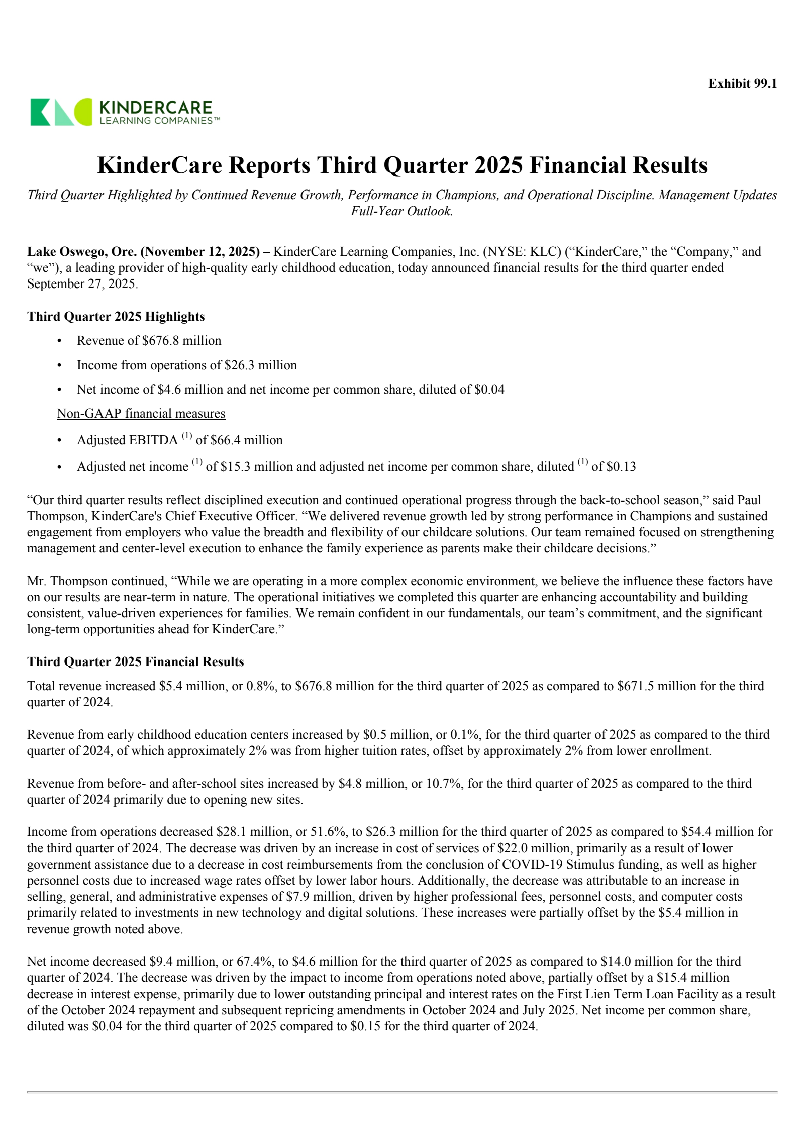 KinderCare Learning Companies' Q3 2025 Earnings Release