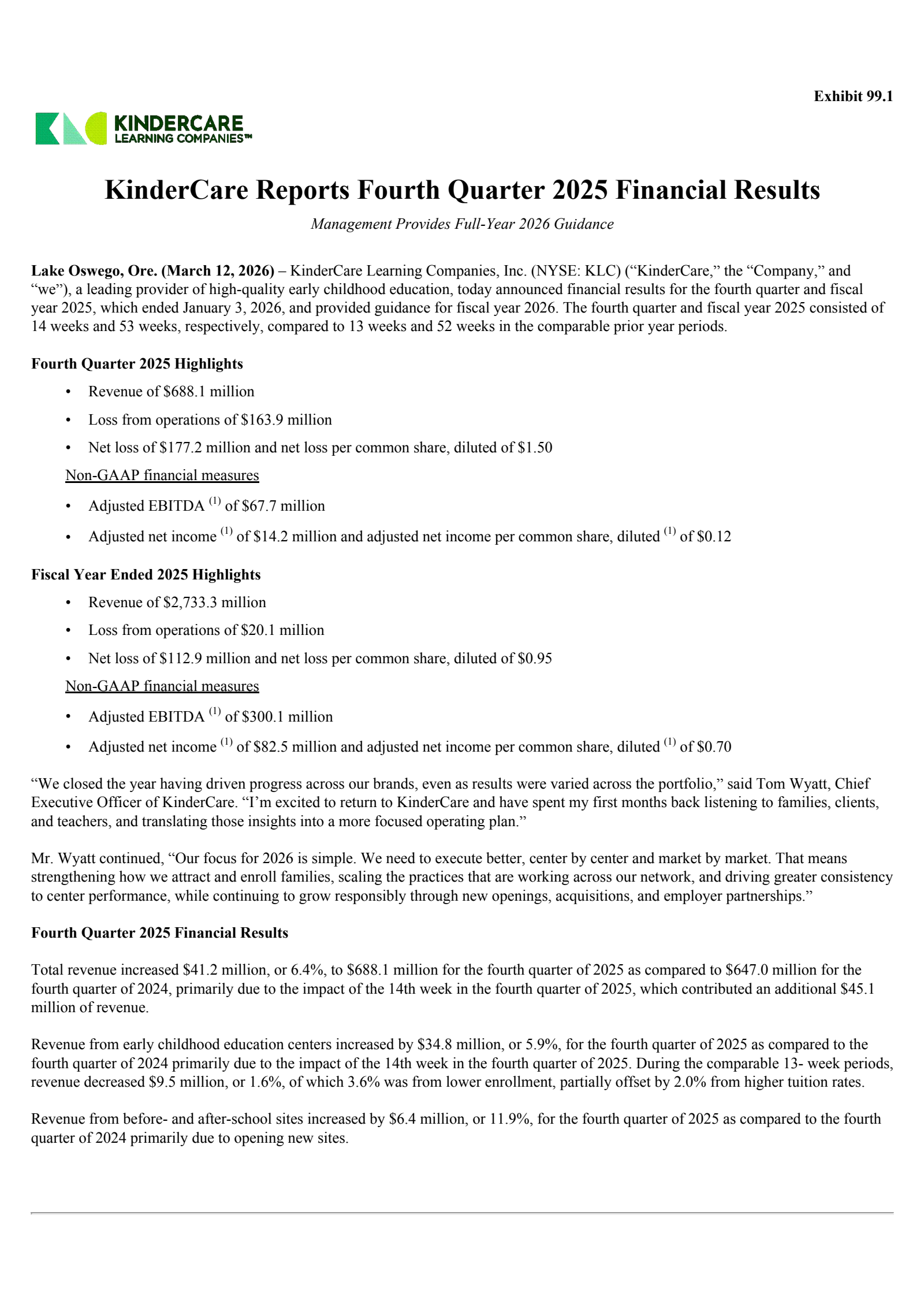 KinderCare Learning Companies' Q4 2025 Press Release