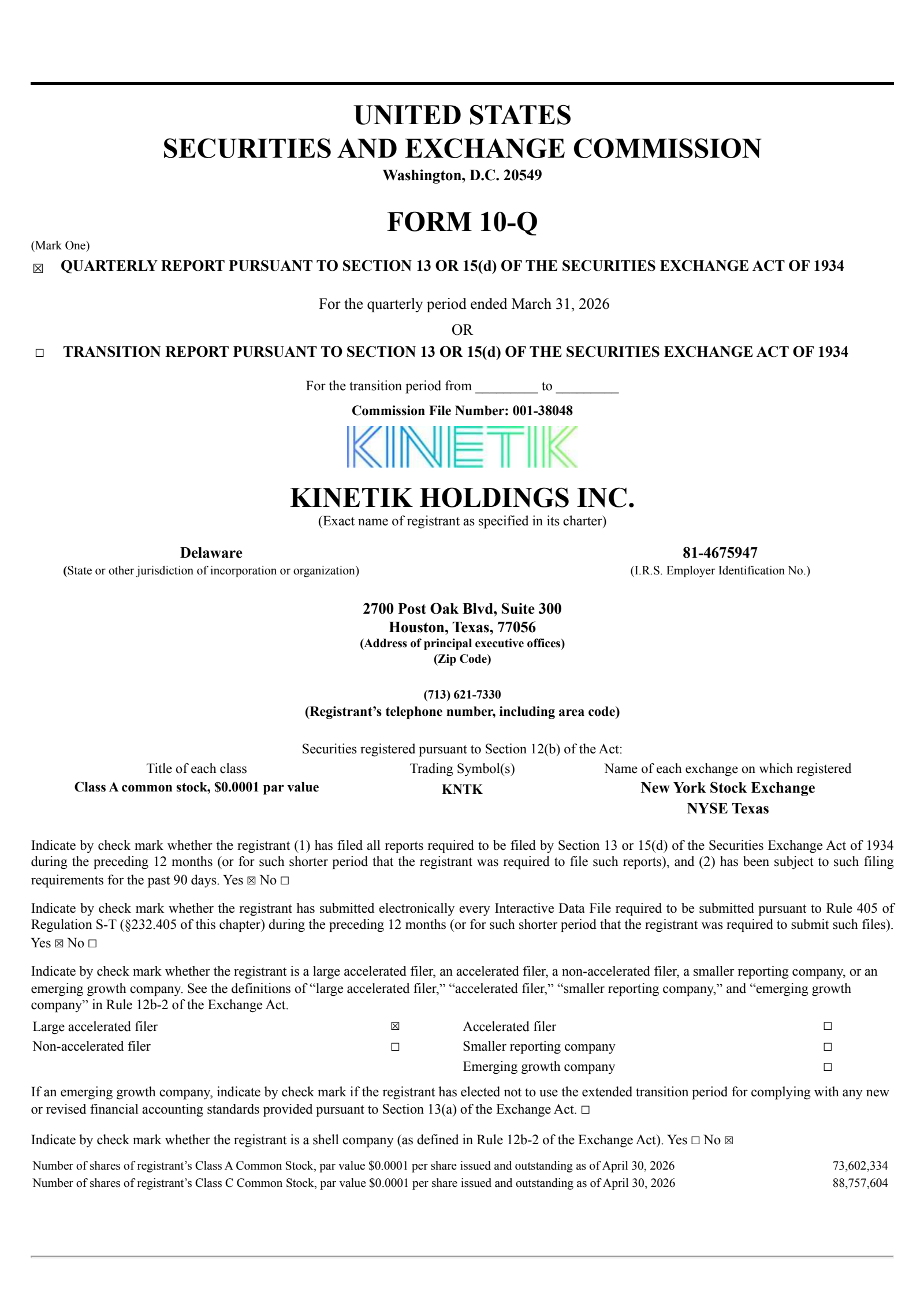 Kinetik's Q1 2026 Quarterly report