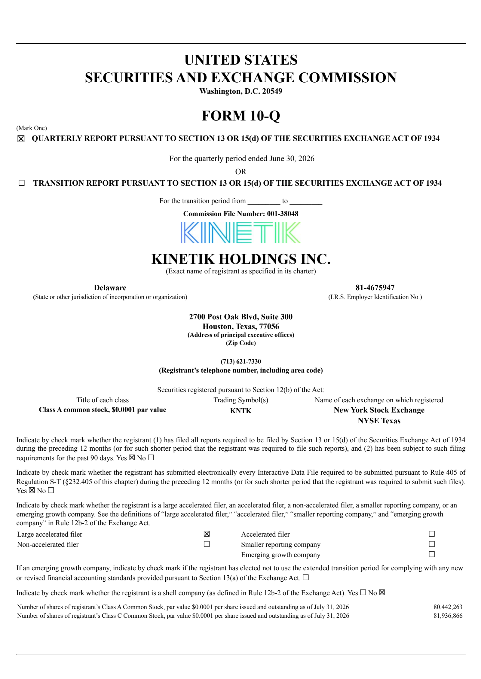 Kinetik's Q2 2026 Quarterly report