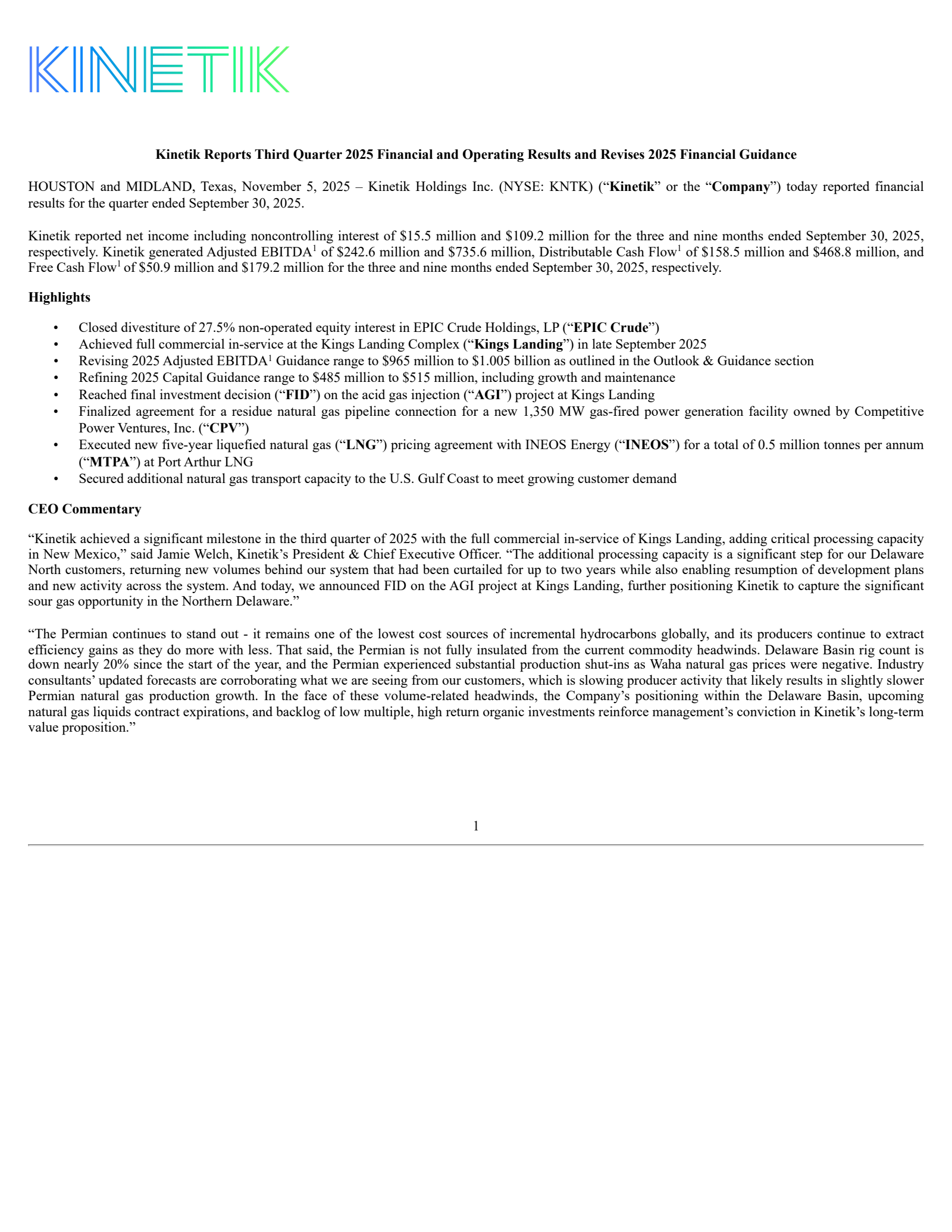Kinetik's Q3 2025 Earnings Release