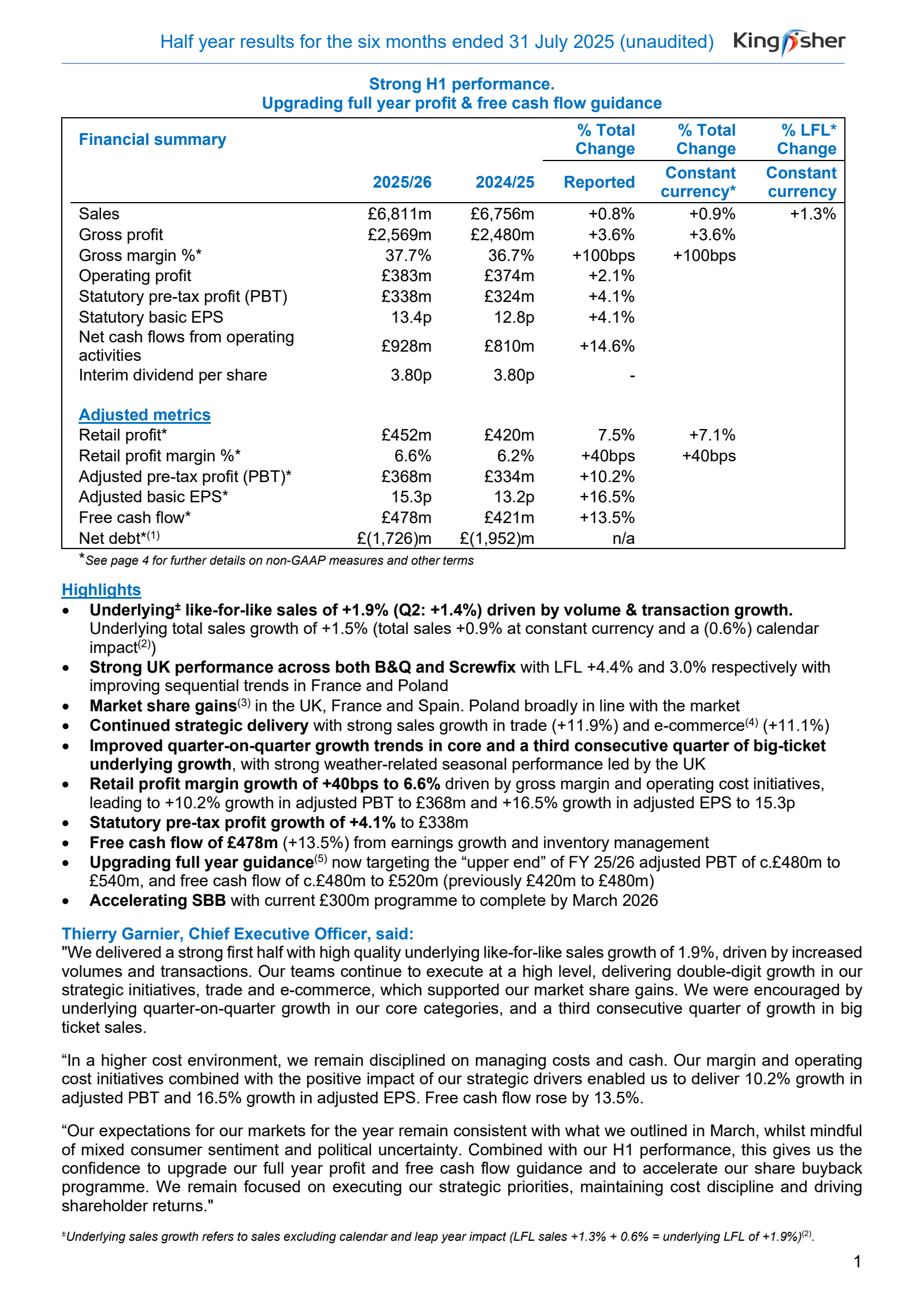 Kingfisher's H1 2026 Interim Report