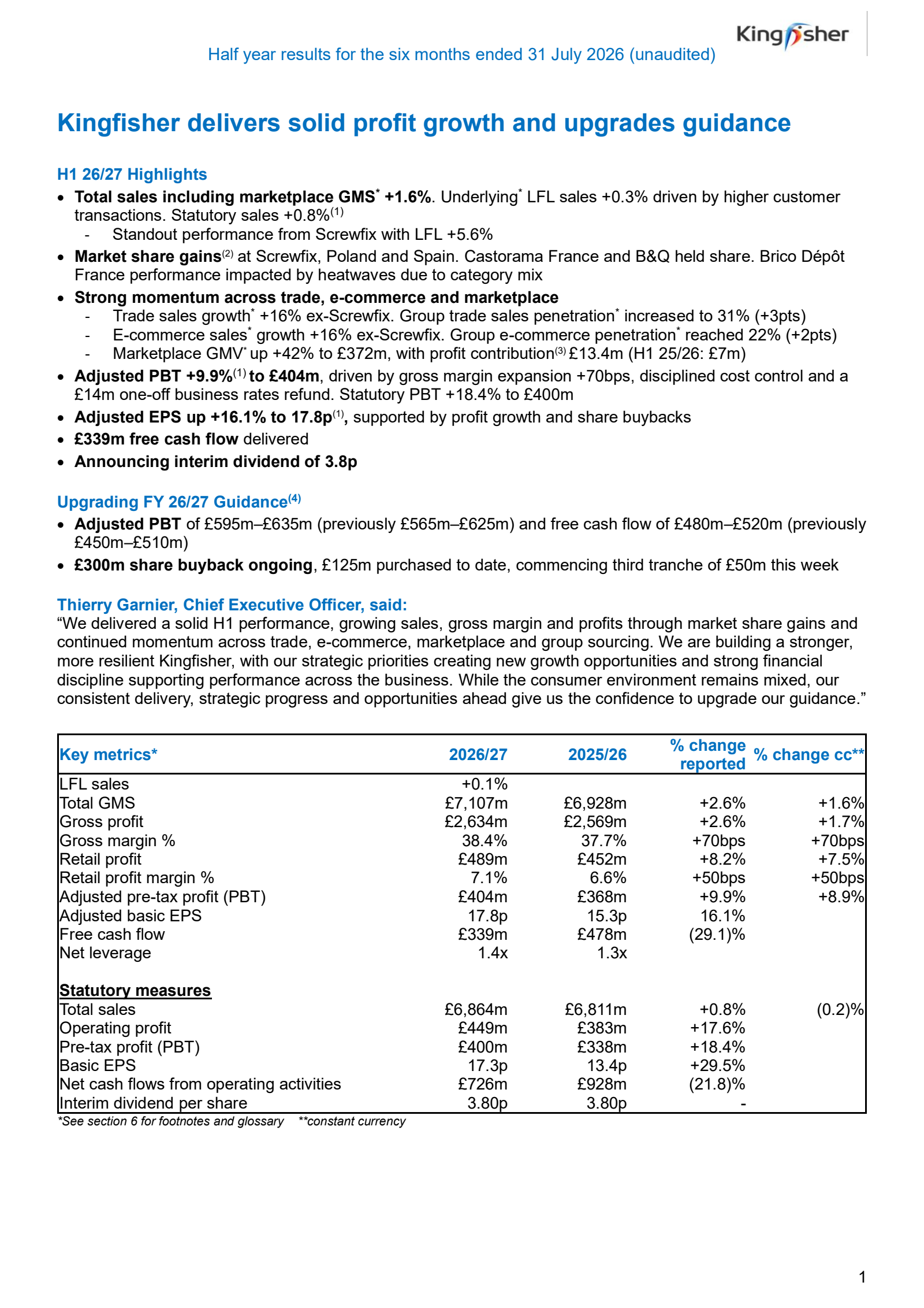 Kingfisher's H1 26/27 Interim report