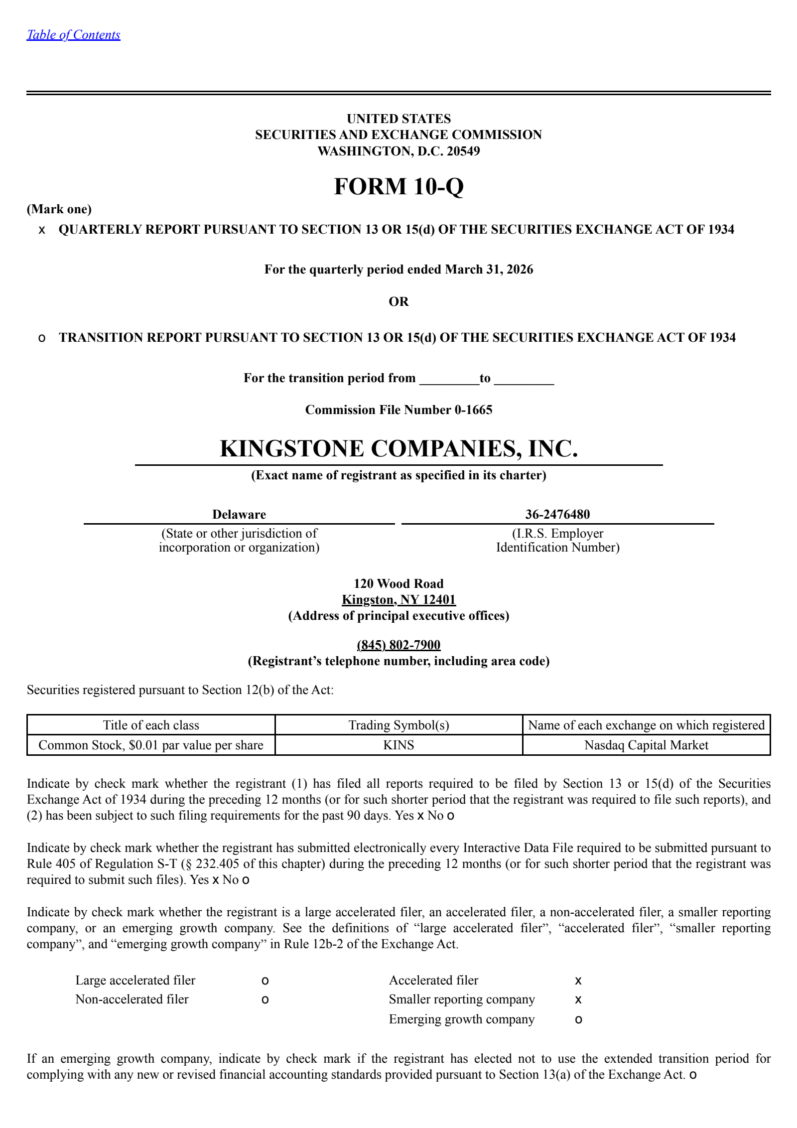 Kingstone Companies' Q1 2026 Quarterly report