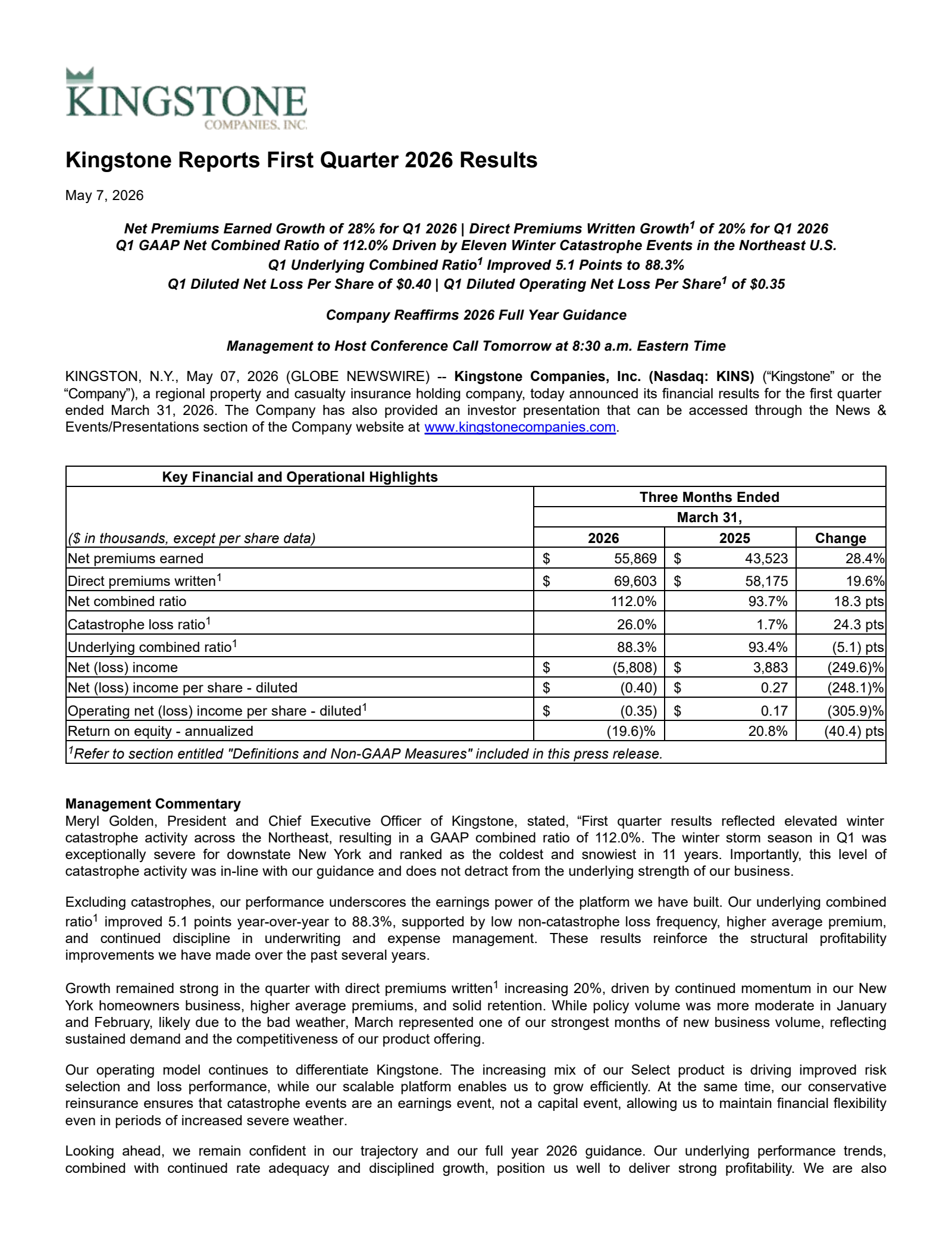 Kingstone Companies' Q1 2026 Press Release