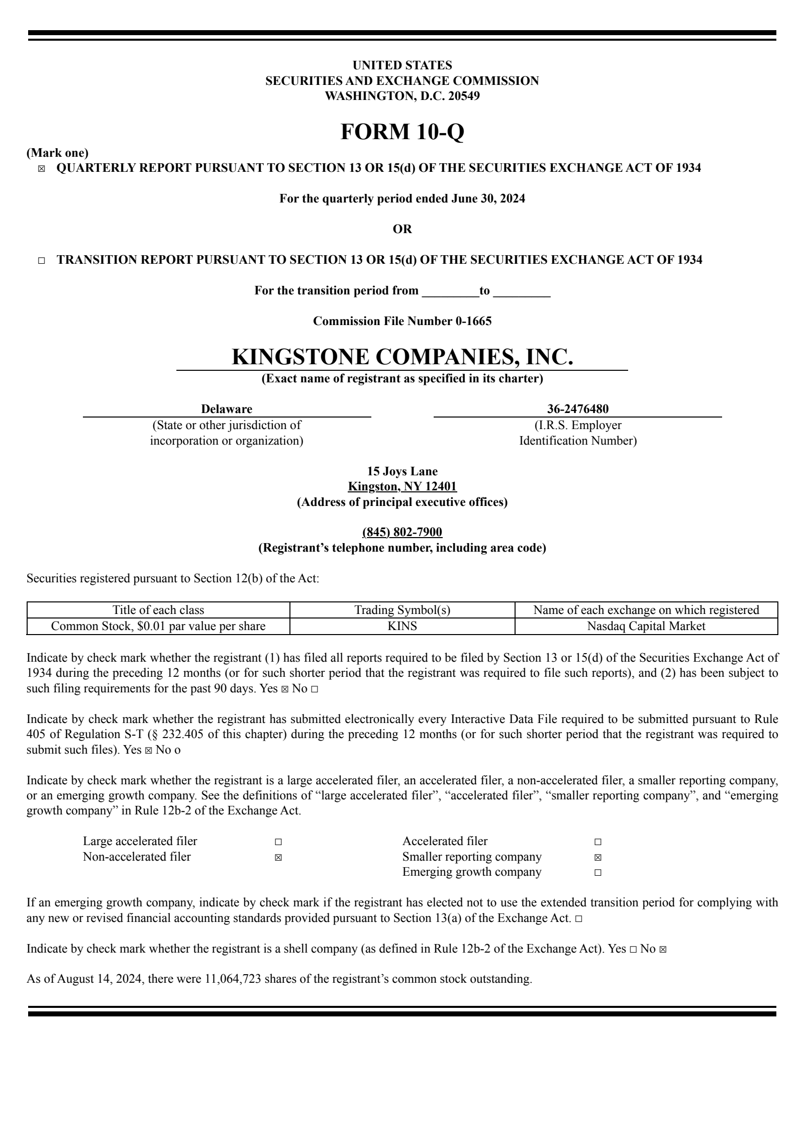 Kingstone Companies' Q2 2024 Quarterly report