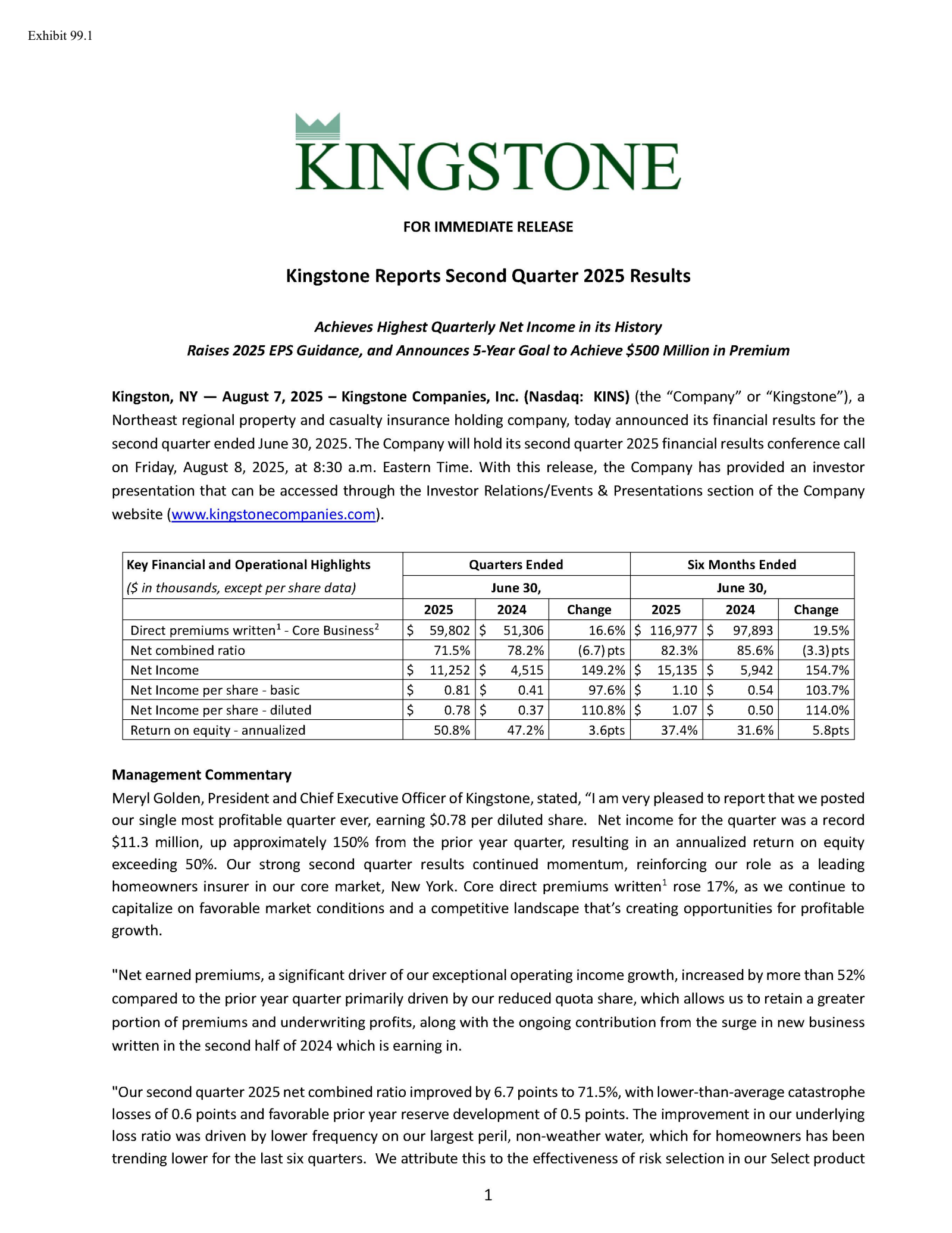 Kingstone Companies' Q2 2025 Press Release