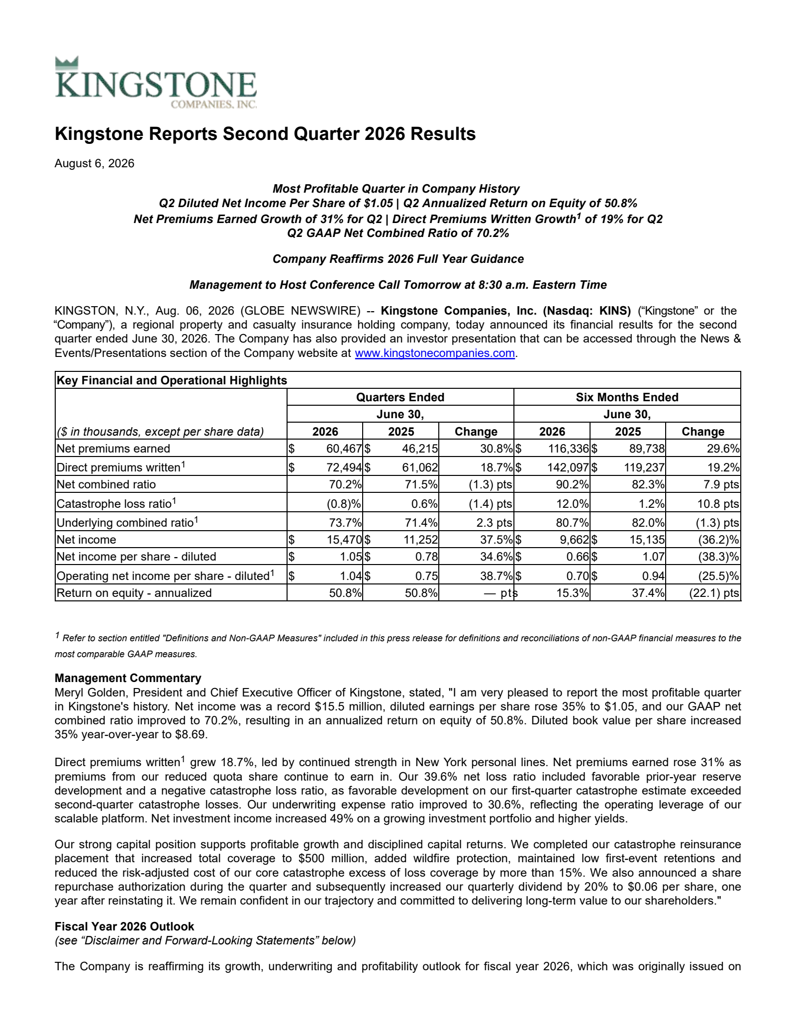 Kingstone Companies' Q2 2026 Press Release
