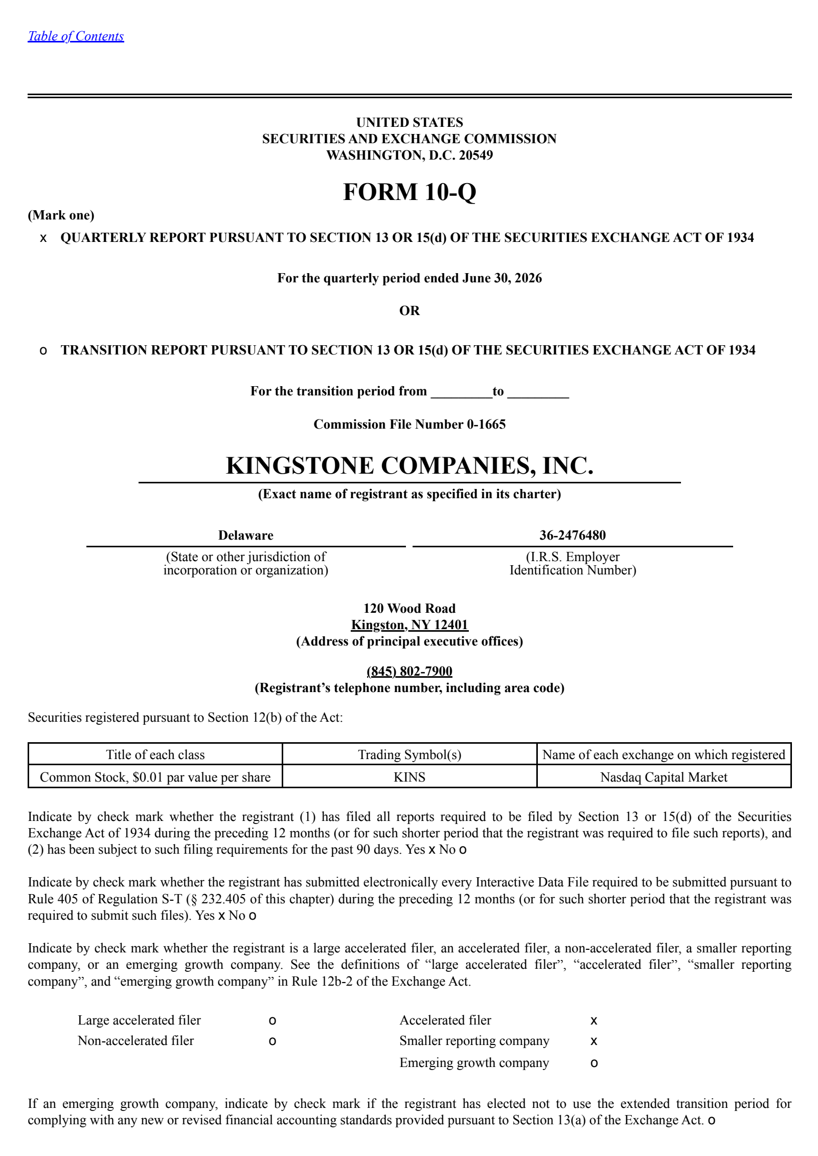 Kingstone Companies' Q2 2026 Quarterly report