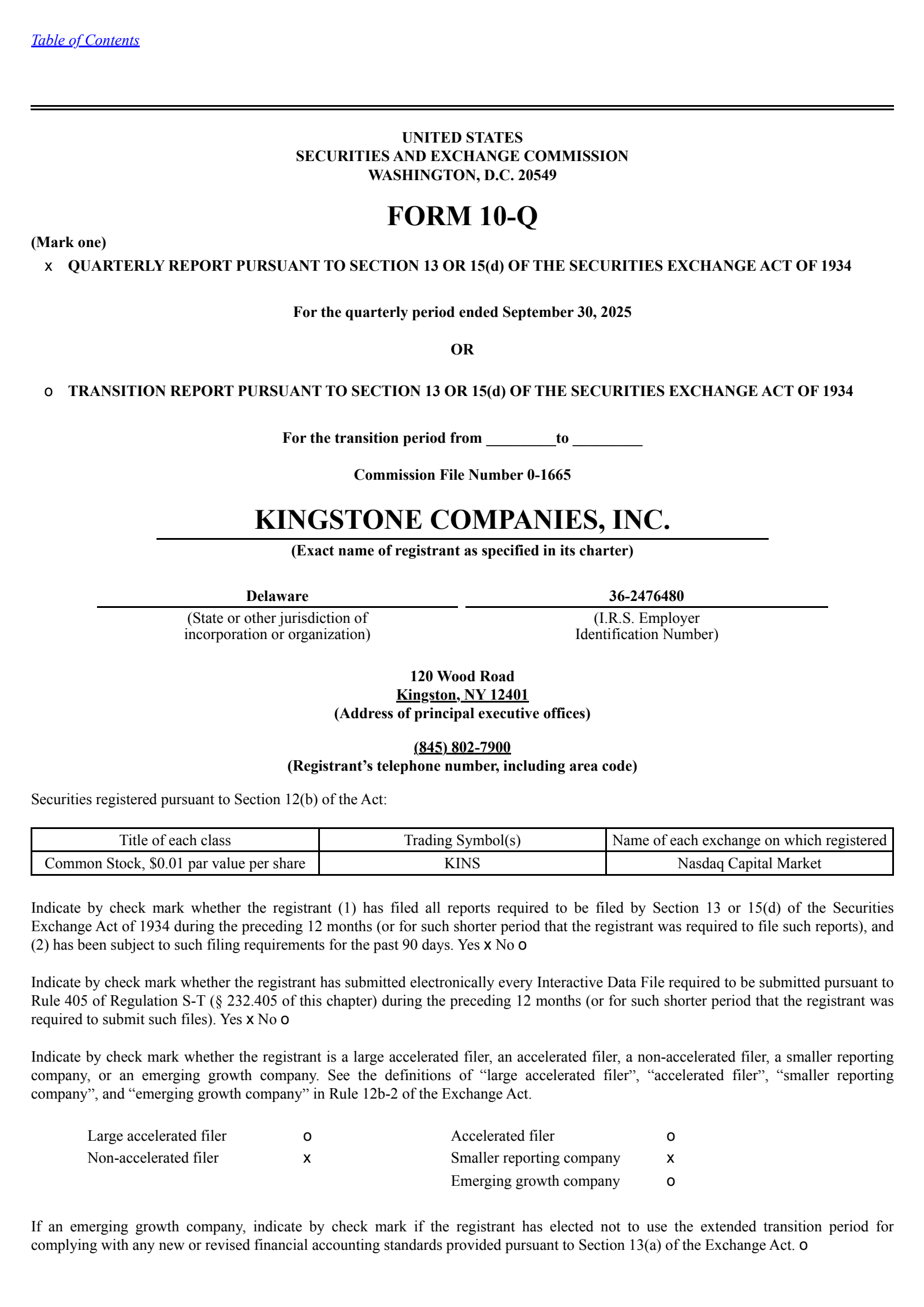 Kingstone Companies' Q3 2025 Quarterly Report