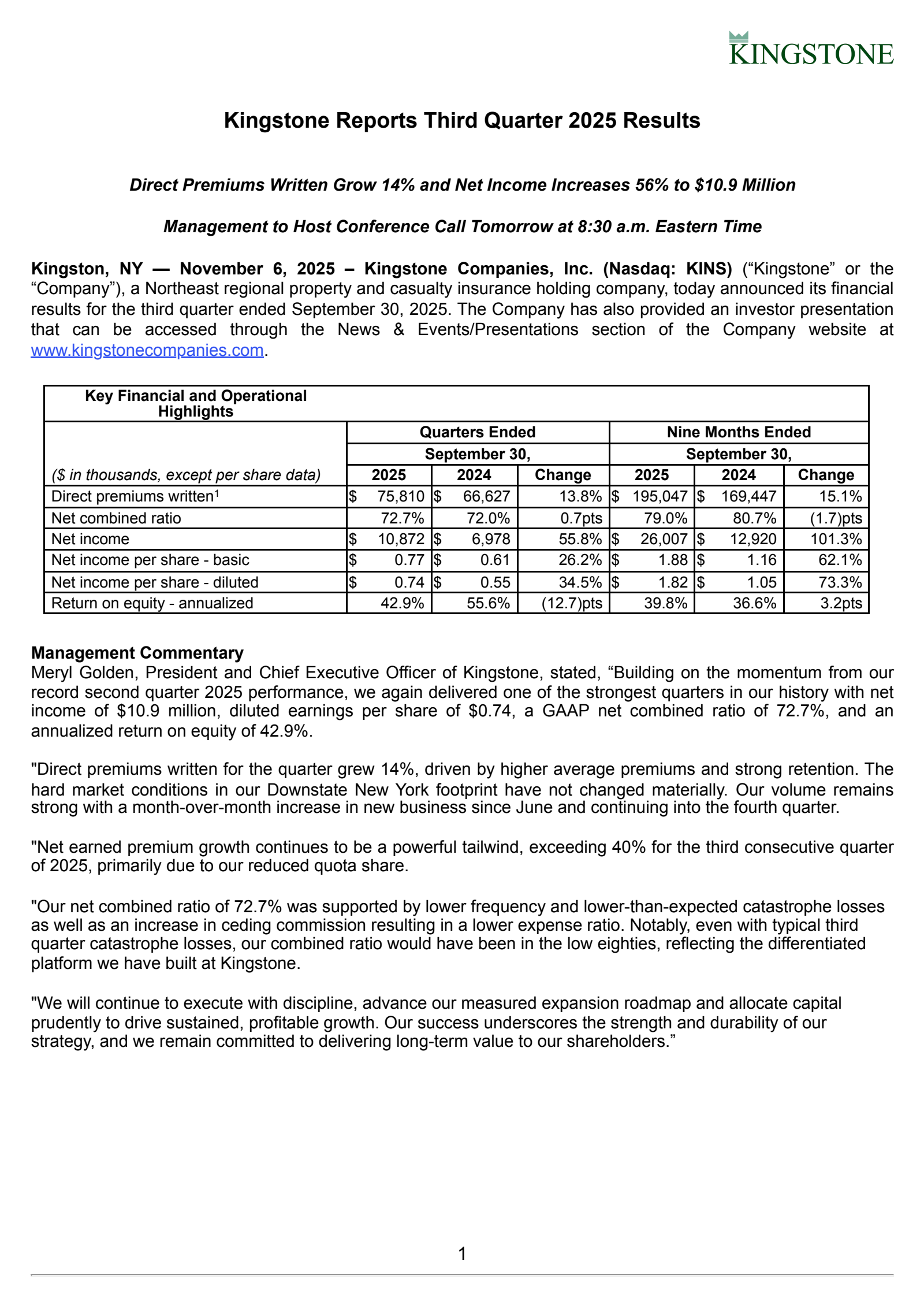 Kingstone Companies' Q3 2025 Earnings Release