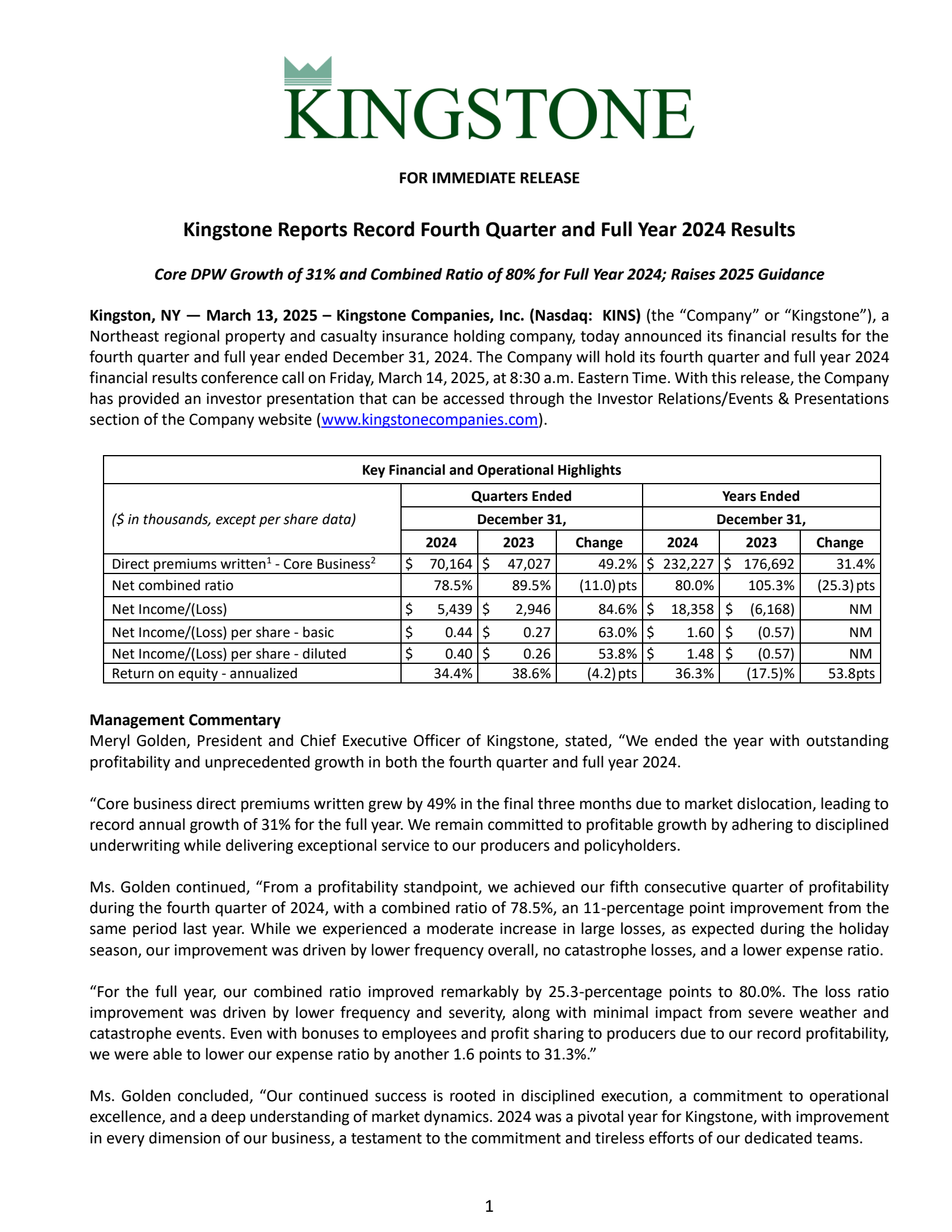 Kingstone Companies' Q4 2024 Report
