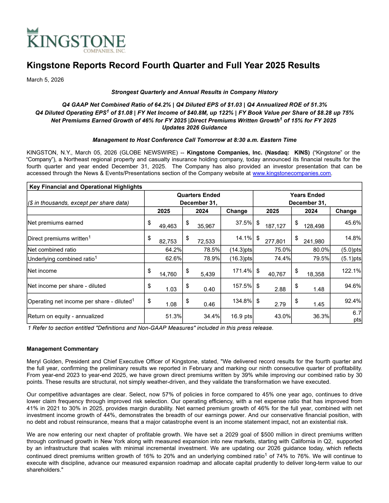 Kingstone Companies' Q4 2025 Press Release
