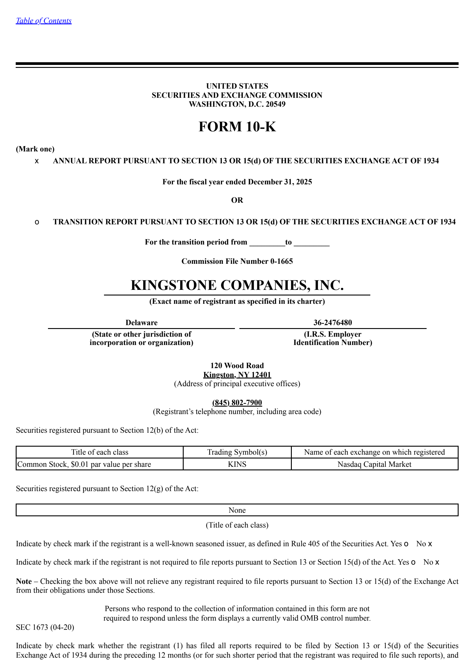 Kingstone Companies' Q4 2025 Annual report