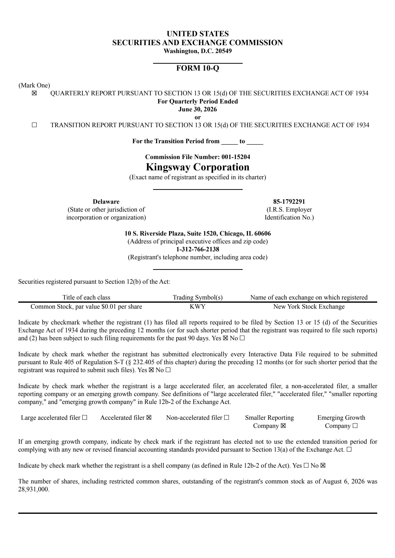 Kingsway Financial Services' Q2 2026 Quarterly report
