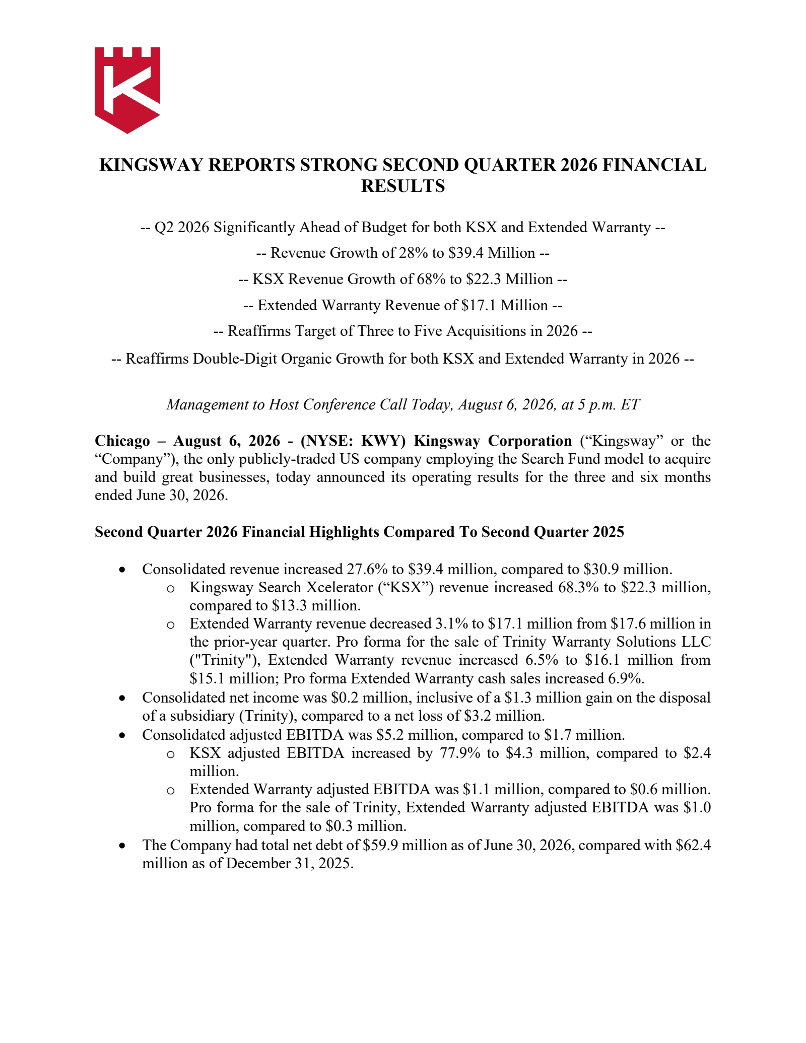 Kingsway Financial Services' Q2 2026 Press Release