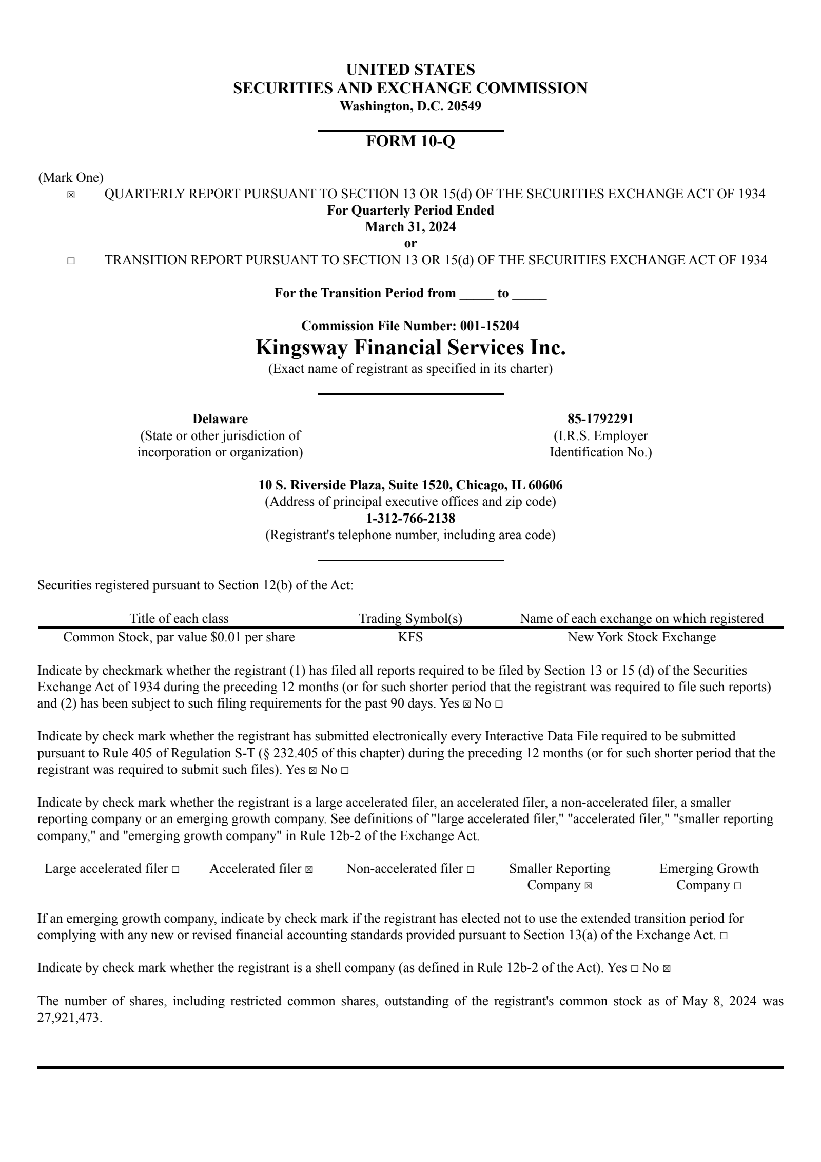 Kingsway Financial Services' Q1 2024 Quarterly report