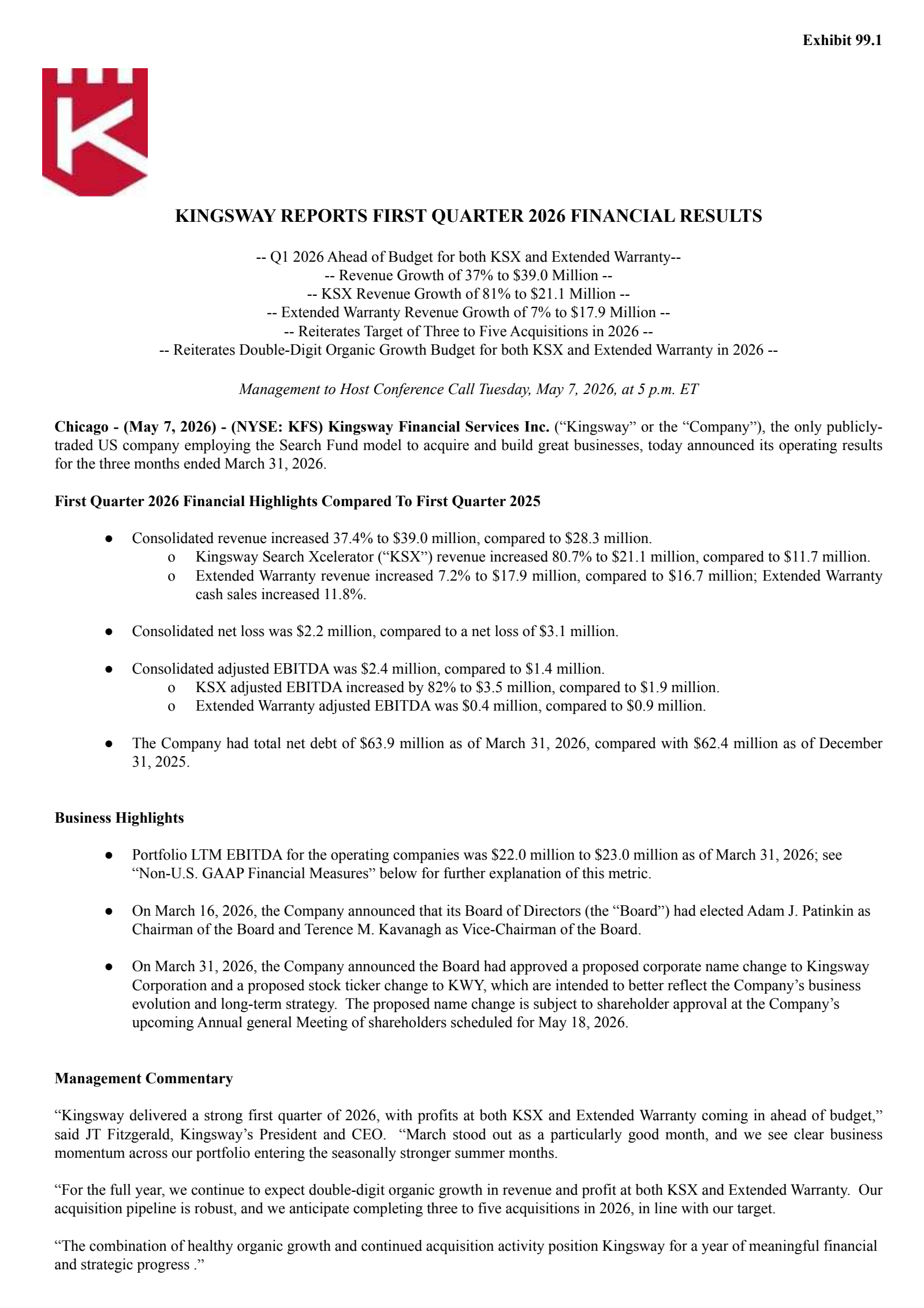 Kingsway Financial Services' Q1 2026 Press Release